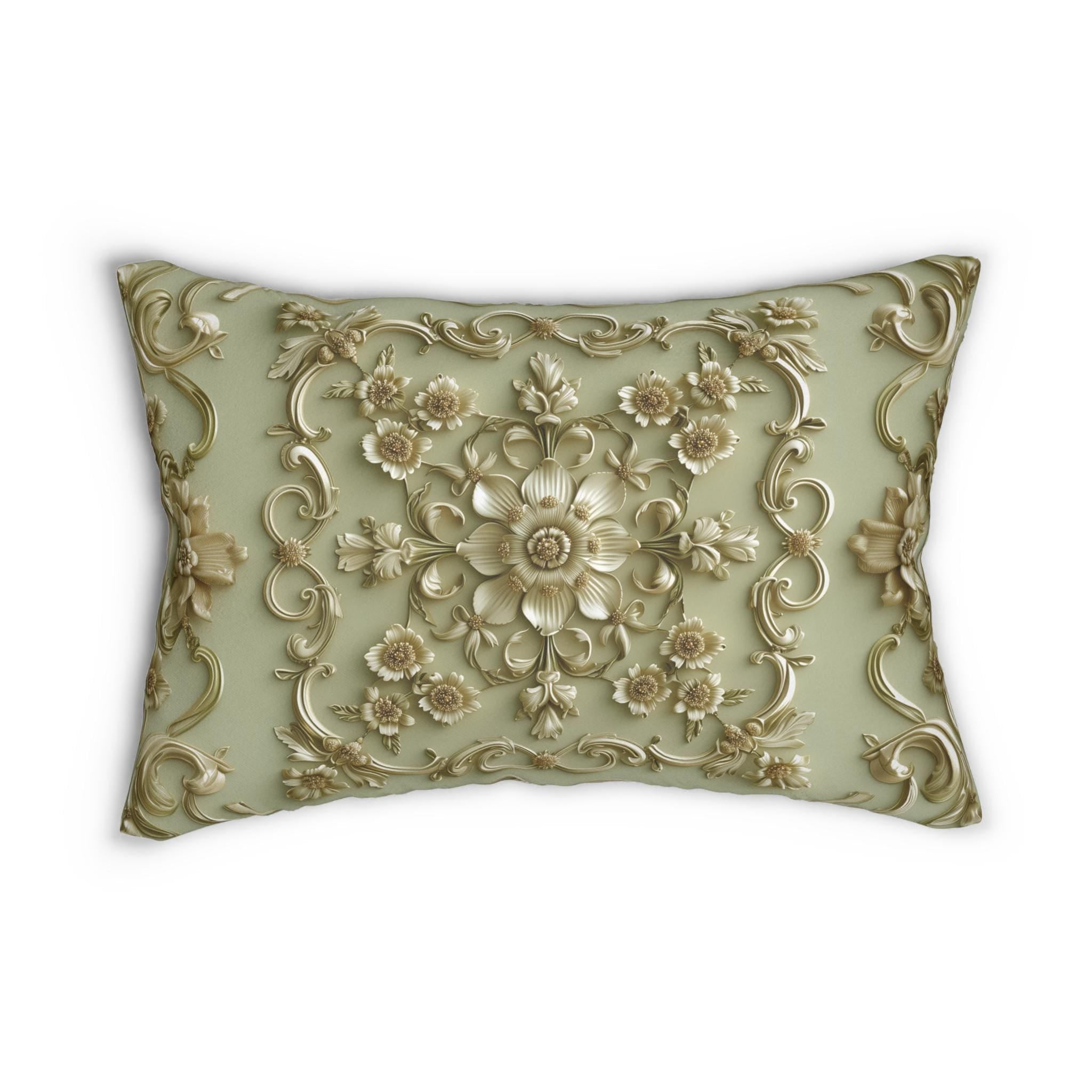 Sage Green French Floral Lumbar Pillow: Elegant Gold Blooms for Luxurious Living Room Decor