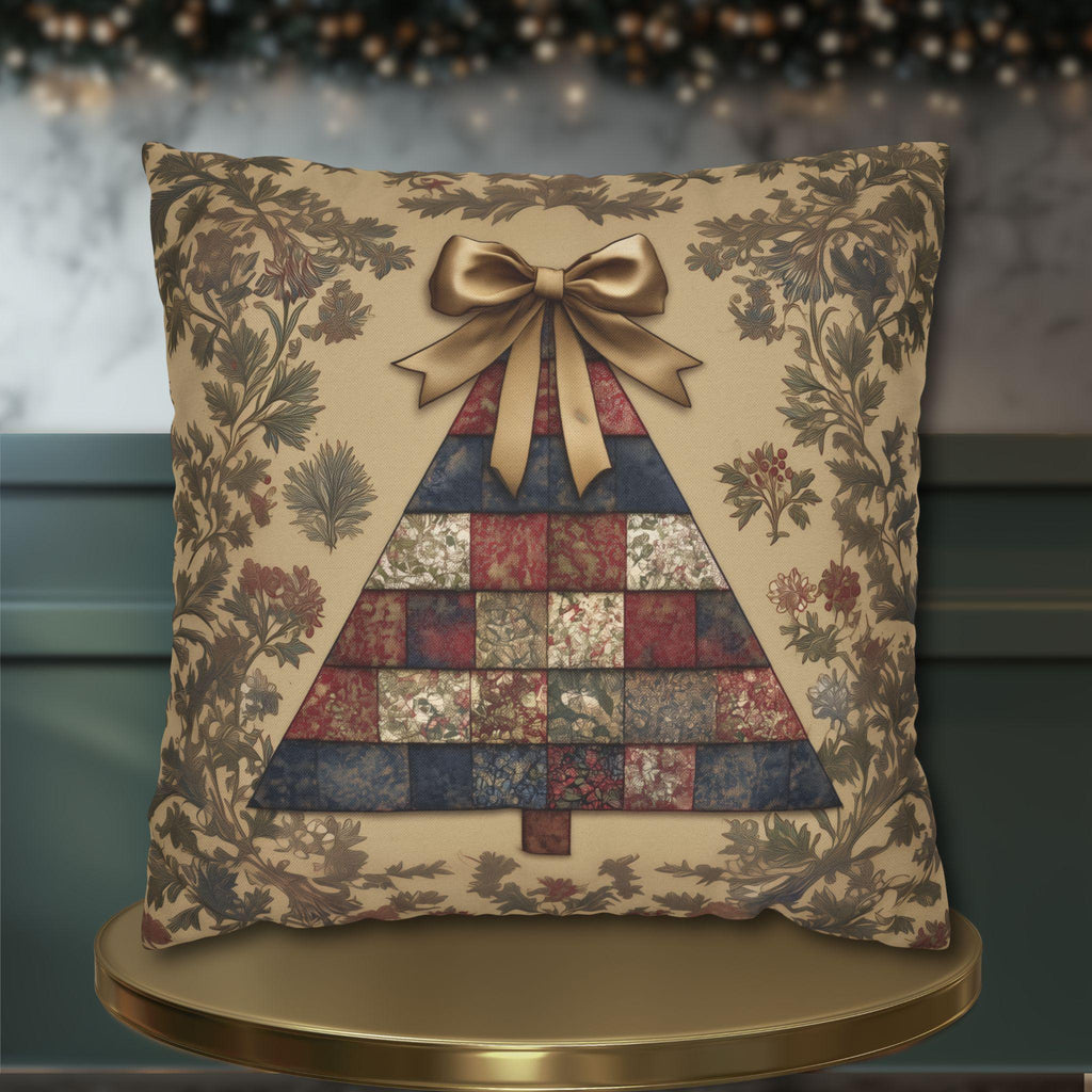 William Morris Christmas Tree Pillow Cover: Quilted Look Navy, Red & Gold Botanicals