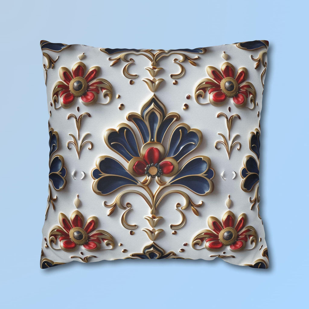 Baroque Floral Pillow Cover: Navy Blue, Gold & Red Accent