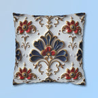 Baroque Floral Pillow Cover: Navy Blue, Gold & Red Accent