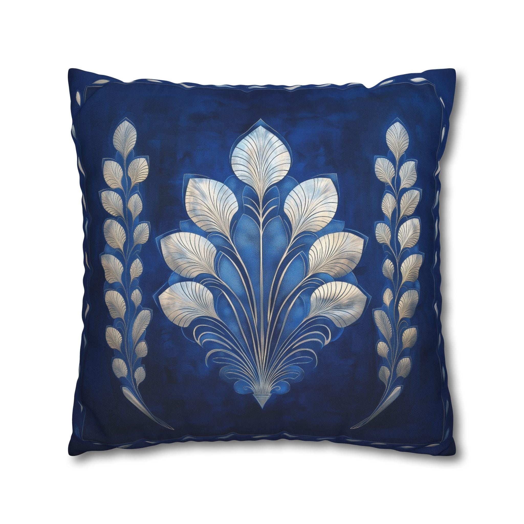 Sapphire Blue Art Deco Pillow Cover: Silver Fan, Hollywood Glam
