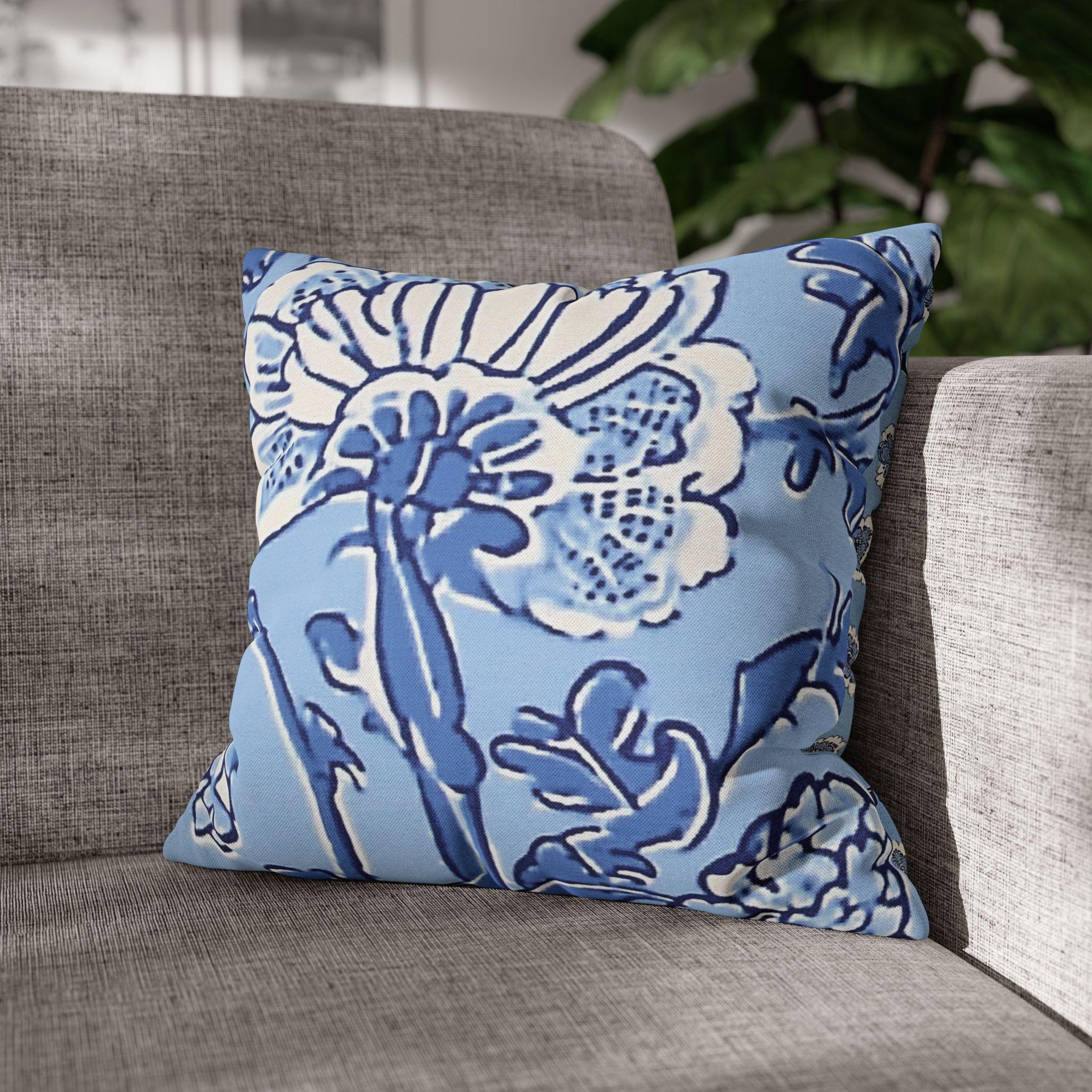 Elegant Chinoiserie Floral Pillowcase: Blue & White Square Cushion Cover for Home Decor