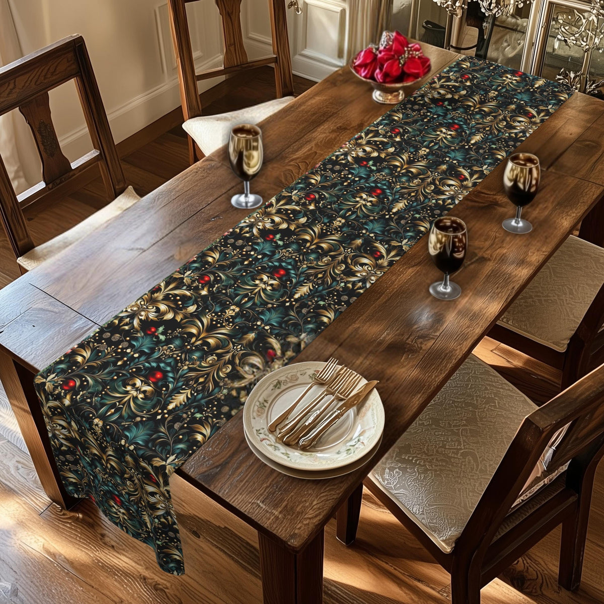 Art Nouveau Christmas Table Runner: Ornate Gold Botanical Holiday Dining Decor