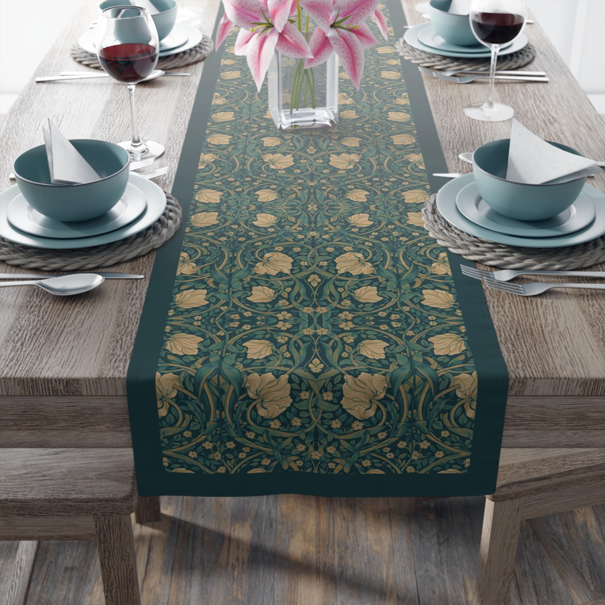 William Morris Midnight Teal Champagne Table Runner: Vintage Pimpernel Reconstructed