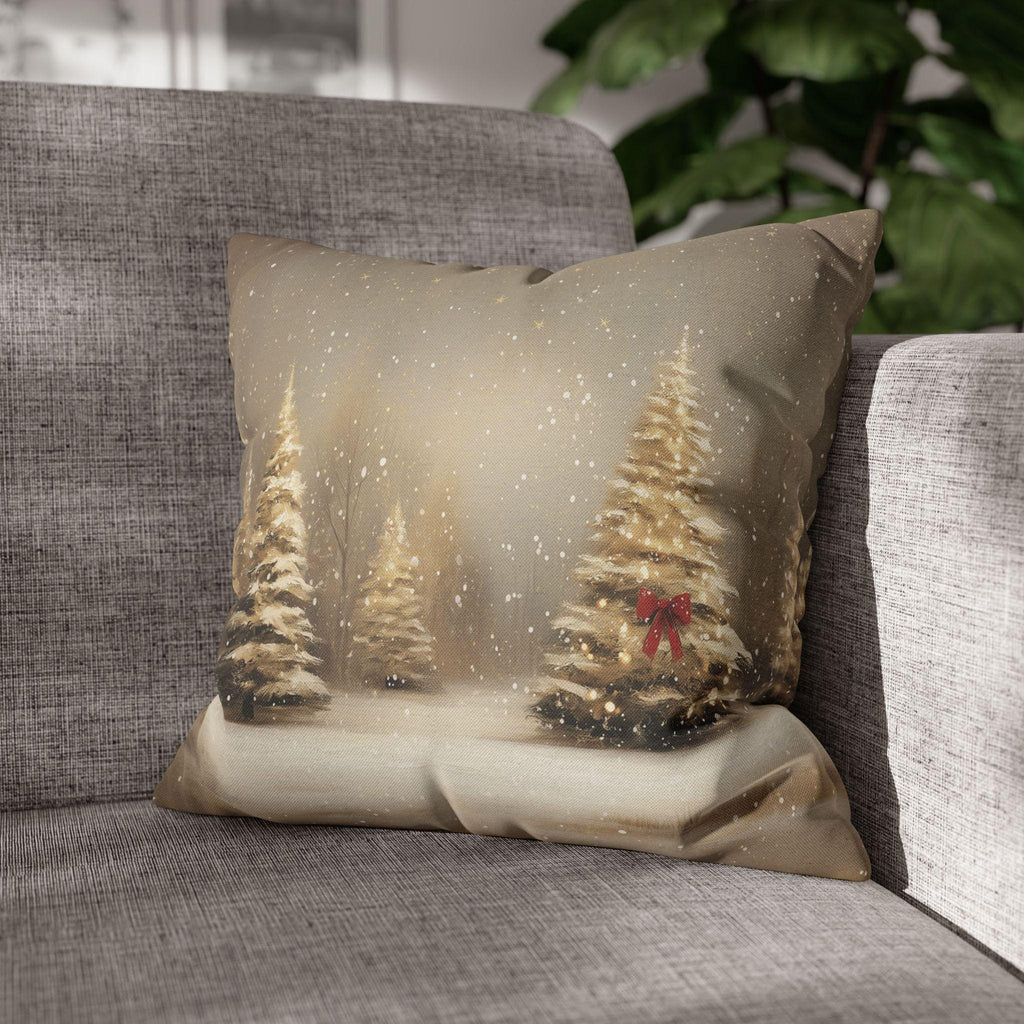 Snowy Golden Christmas Pillow Cover: Flocked Pine Tree Illustration on Square Cushion Case