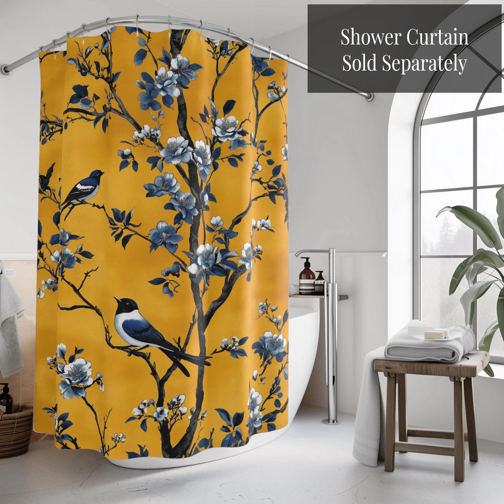 Elegant Chinoiserie Table Runner: Mustard Yellow with Black Birds, Asian-Inspired Dining Decor