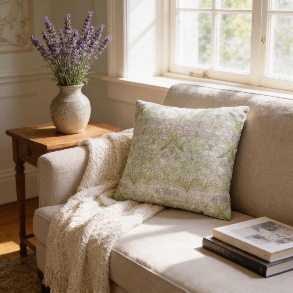 William Morris inspired Throw Pillow Cover: Soft Sage Botanical with Muted Lavender