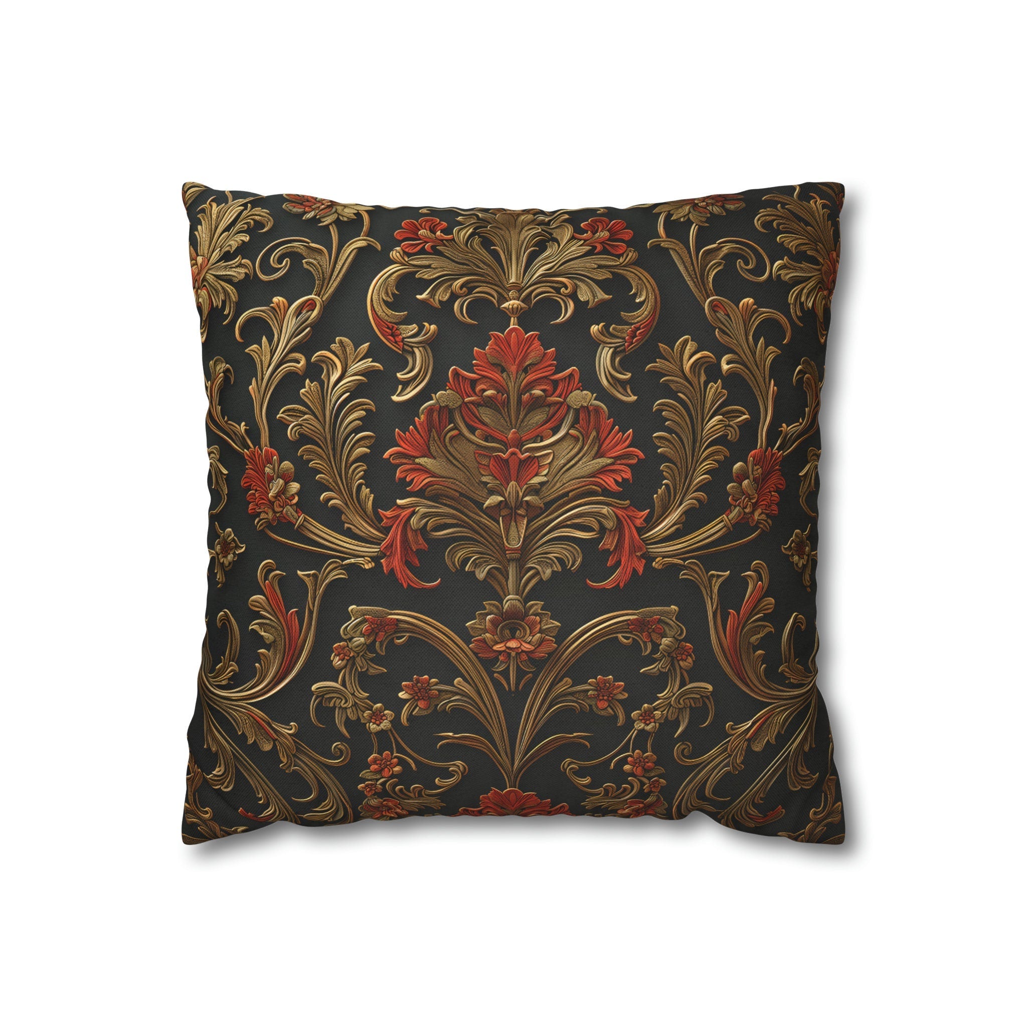 Classic Baroque Pattern Pillow Cover | Dark Background with Red & Gold | Traditional Elegance