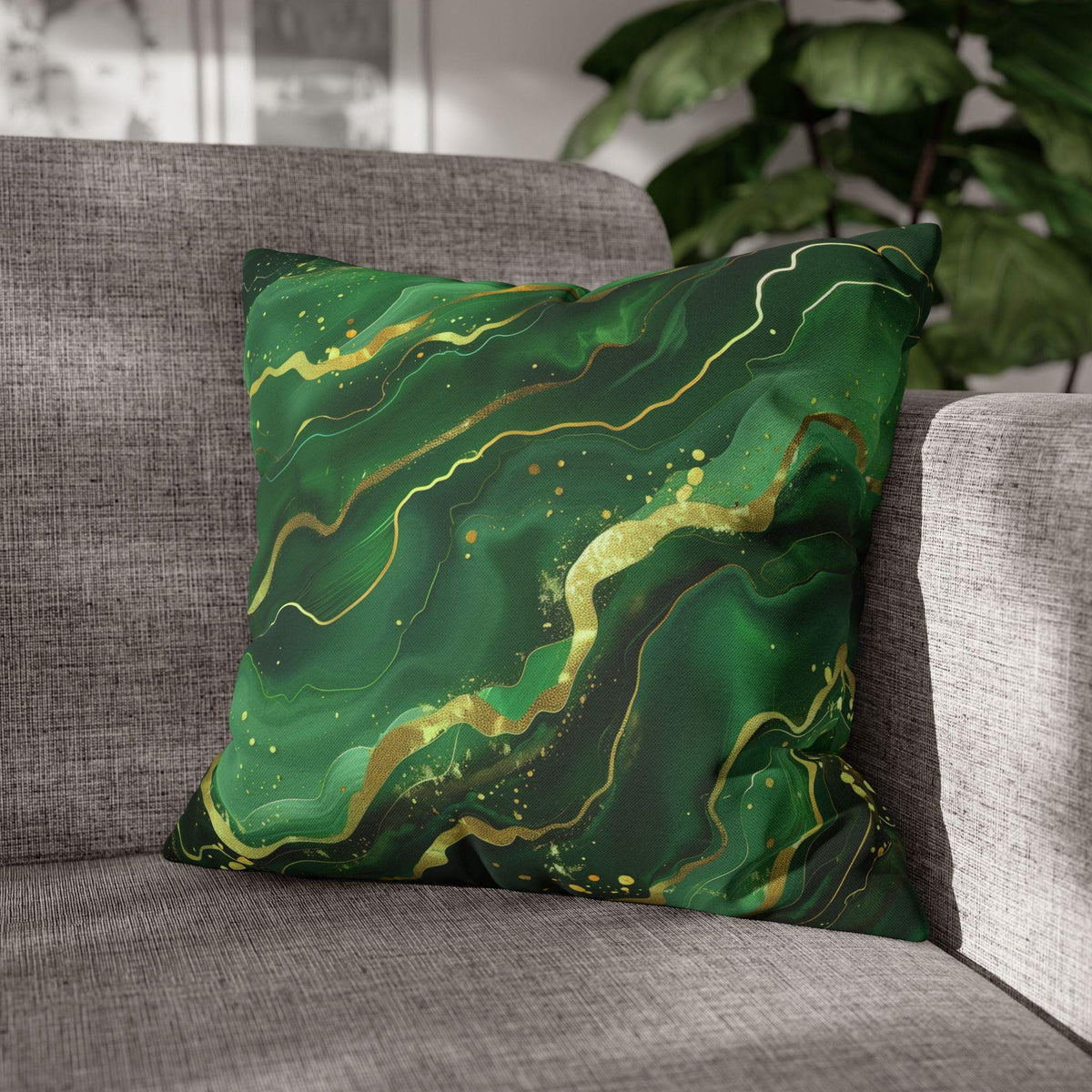 Green Waves Throw Pillow Cover: Emerald  and Deep Green with Gold Accents