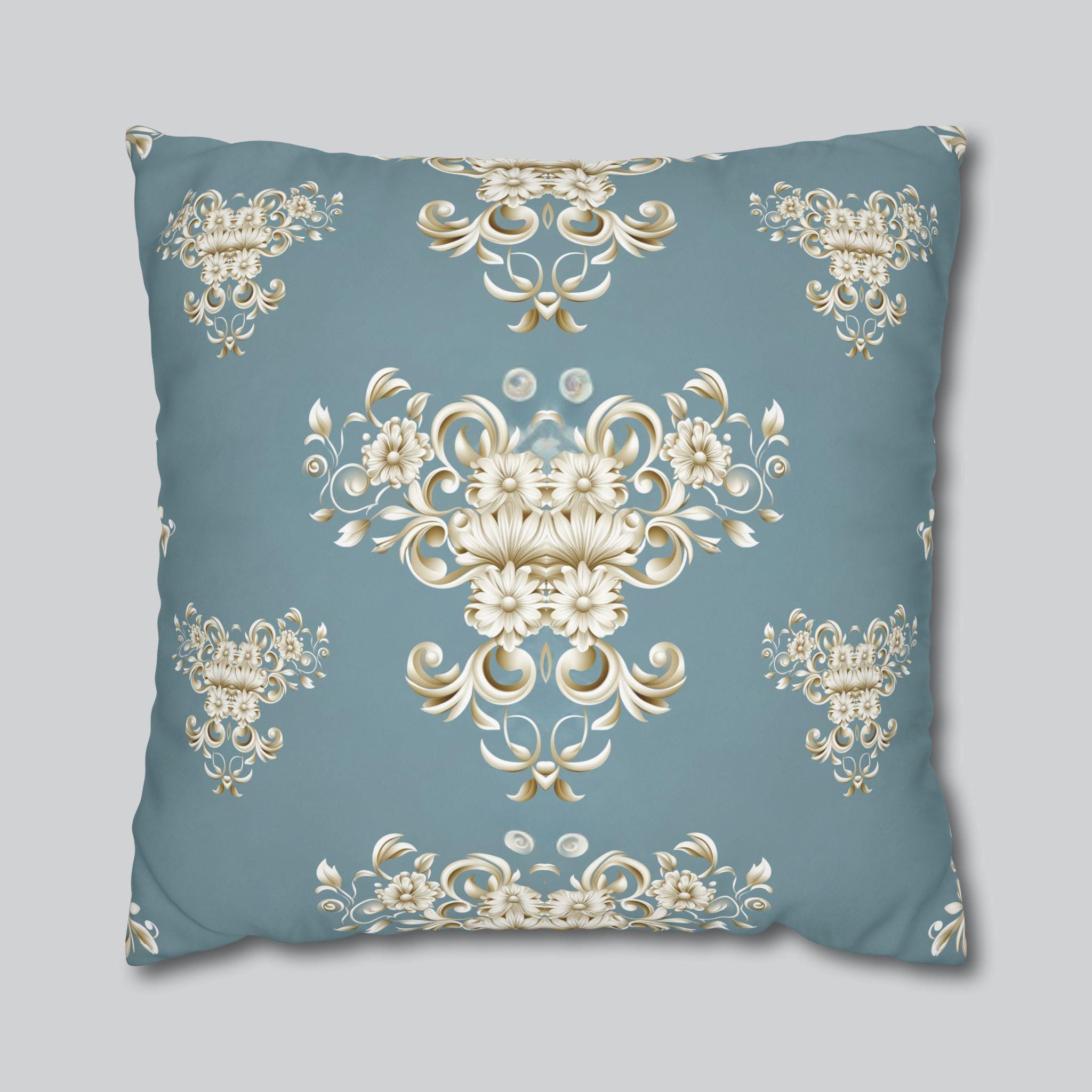 Damask Pillow Cover: Soft Gold Floral, Muted Blue-Gray, Regal Home Decor