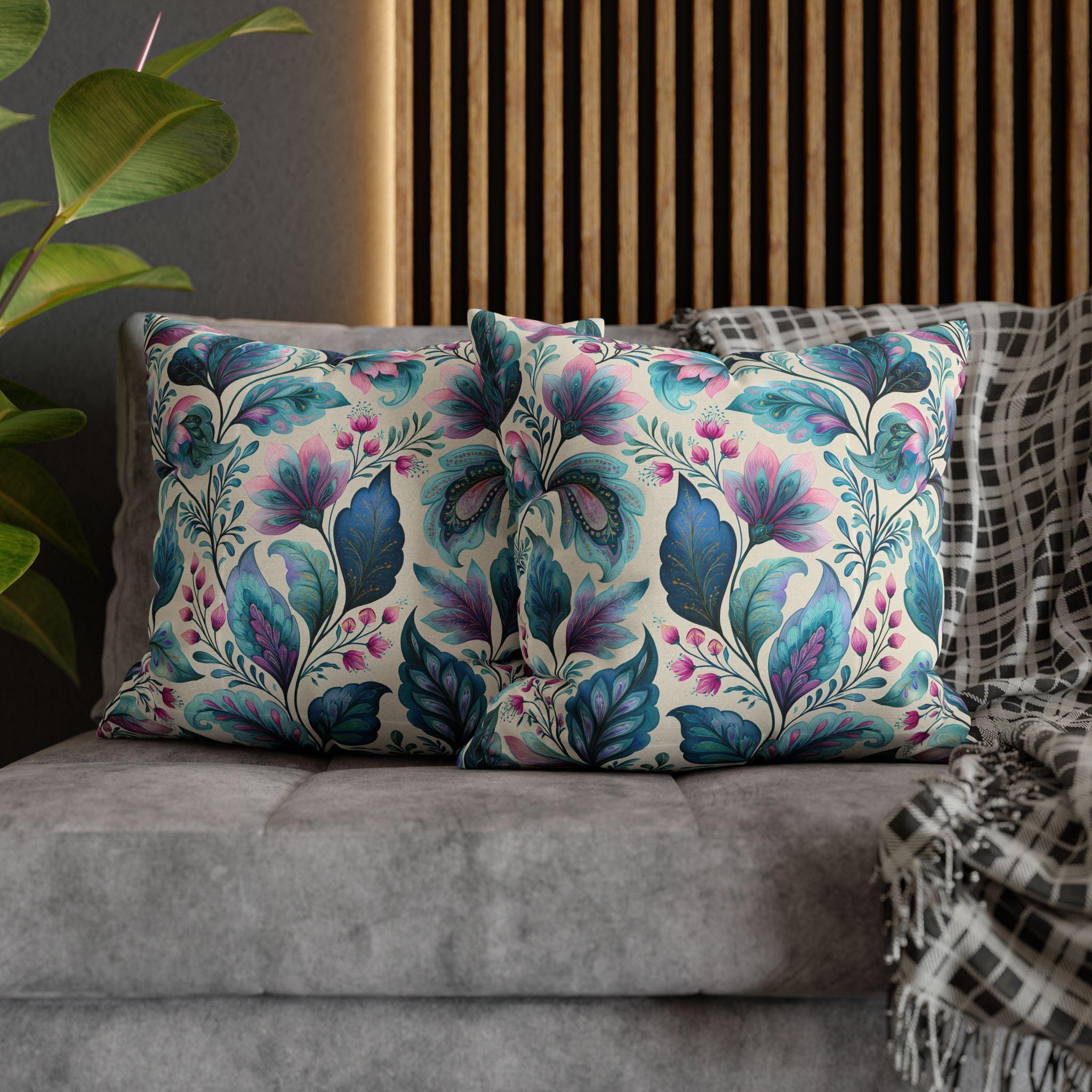 Botanical Paisley Pillow Cover: Watercolor Jewel Tone in Teal, Aqua, Violet and Pink