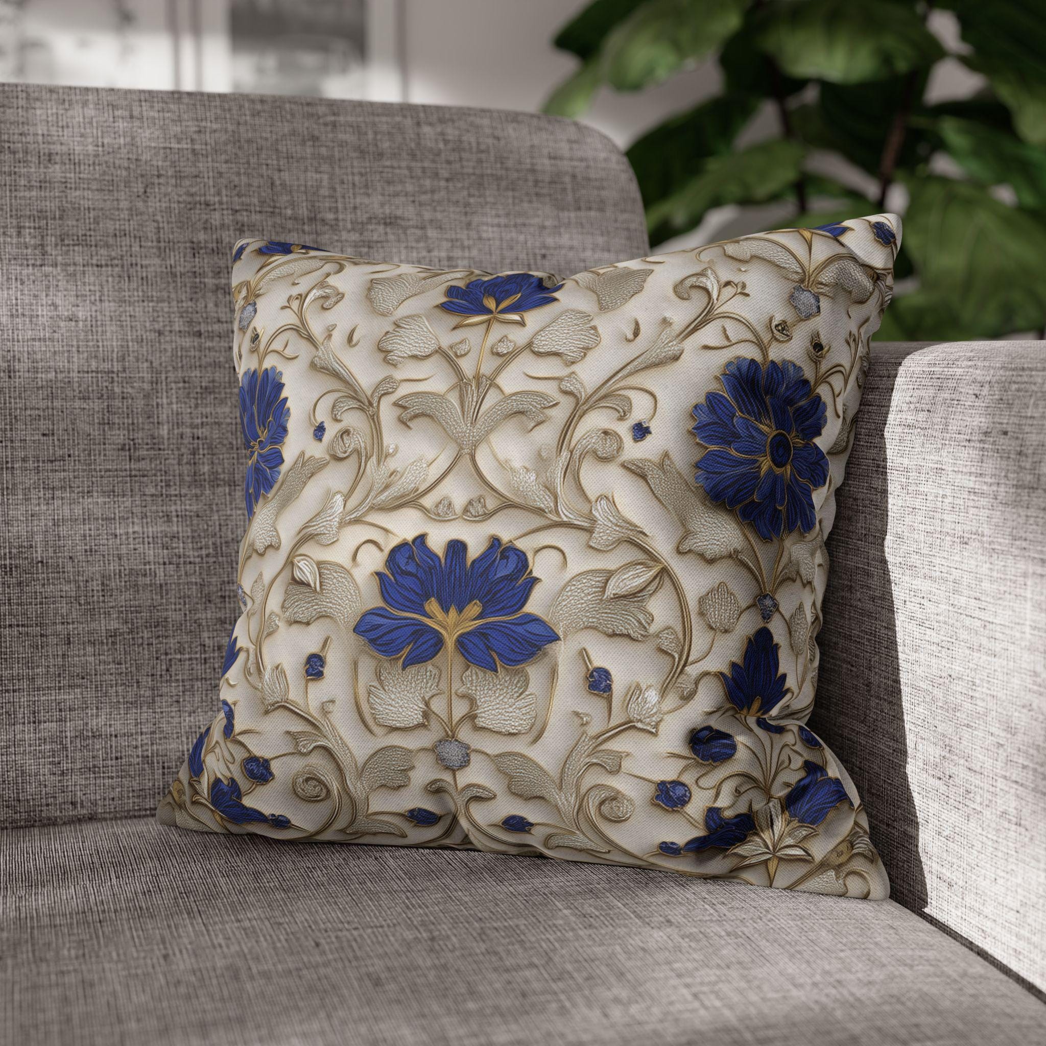 Elegant Cobalt and Gold Baroque Pillow Cover: Blue and Cream Decorative Accent Cushion