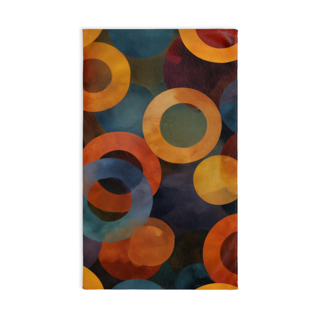 Retro Bold Circle Pattern Hand Towel: Burnt Orange, Gold, Teal on Black Background