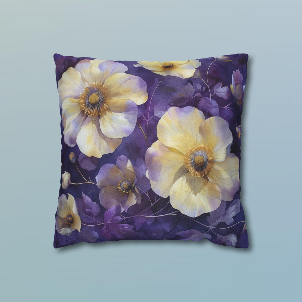 Floral Pillow Cover, Cream Yellow Pansies, Purple Botanical Print