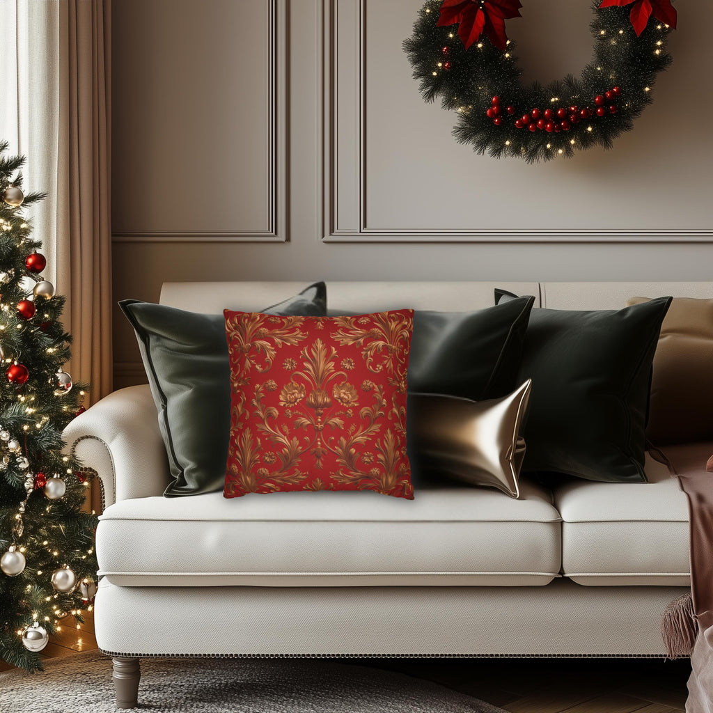 Baroque Floral Christmas Pillowcase: Rich Red, Antique Gold Spun Polyester Square Throw Pillow Cover