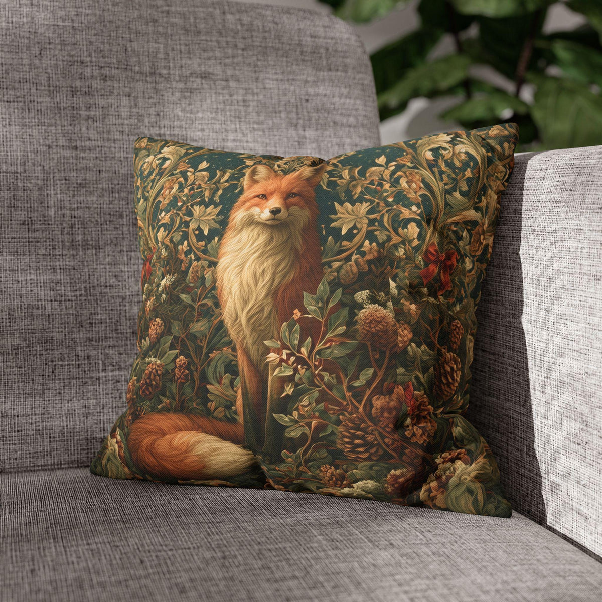 William Morris Inspired Christmas Pillow Cover: Woodland Fox Botanical Holiday Decor