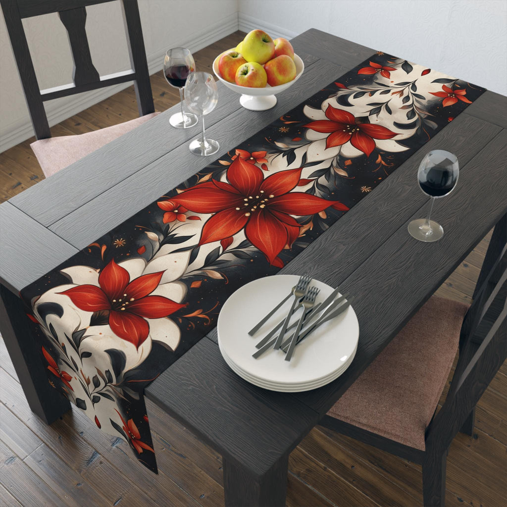 Fleur de Lis Poinsettia Table Runner: Festive Red & Navy Winter Decor