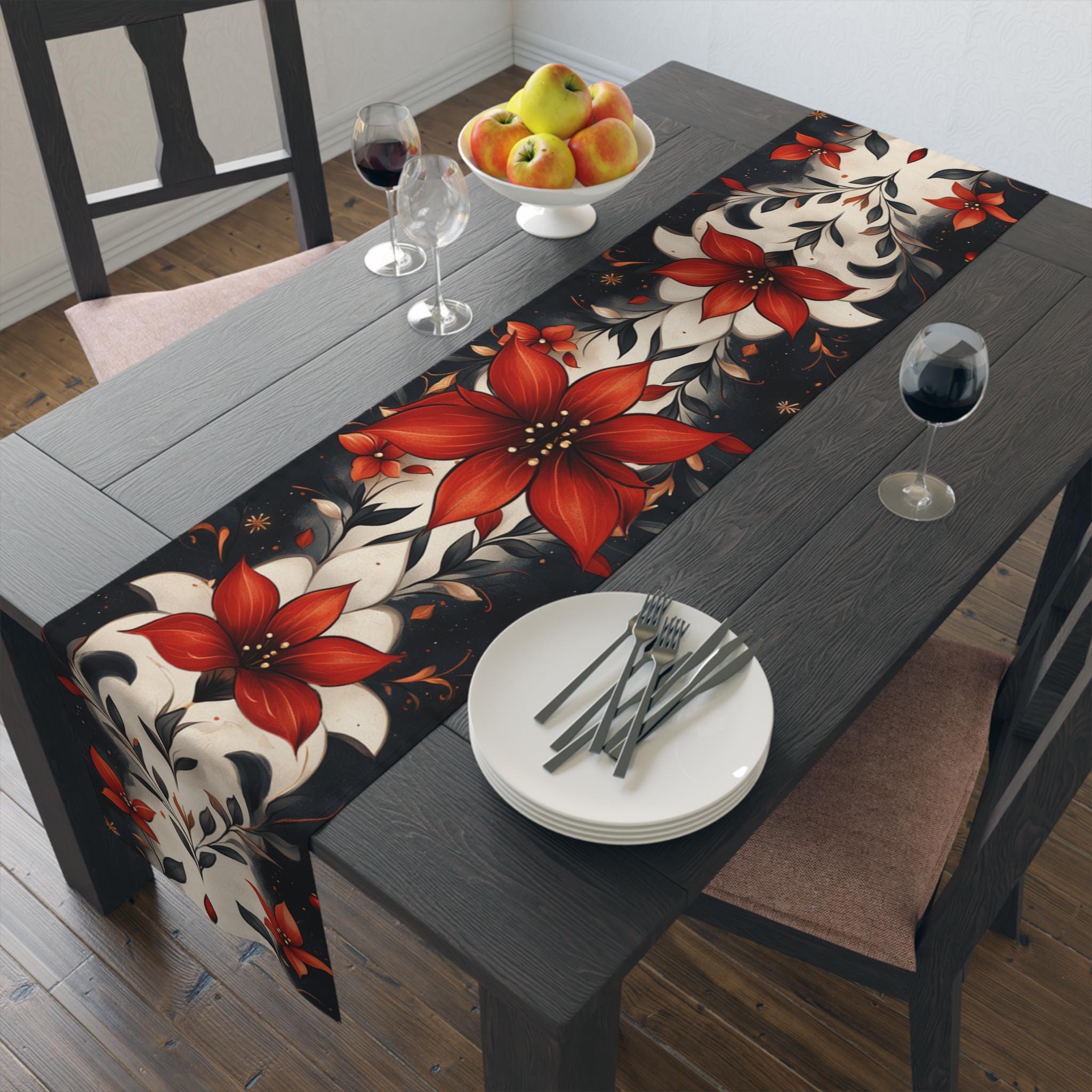 Fleur de Lis Poinsettia Table Runner: Festive Red & Navy Winter Decor