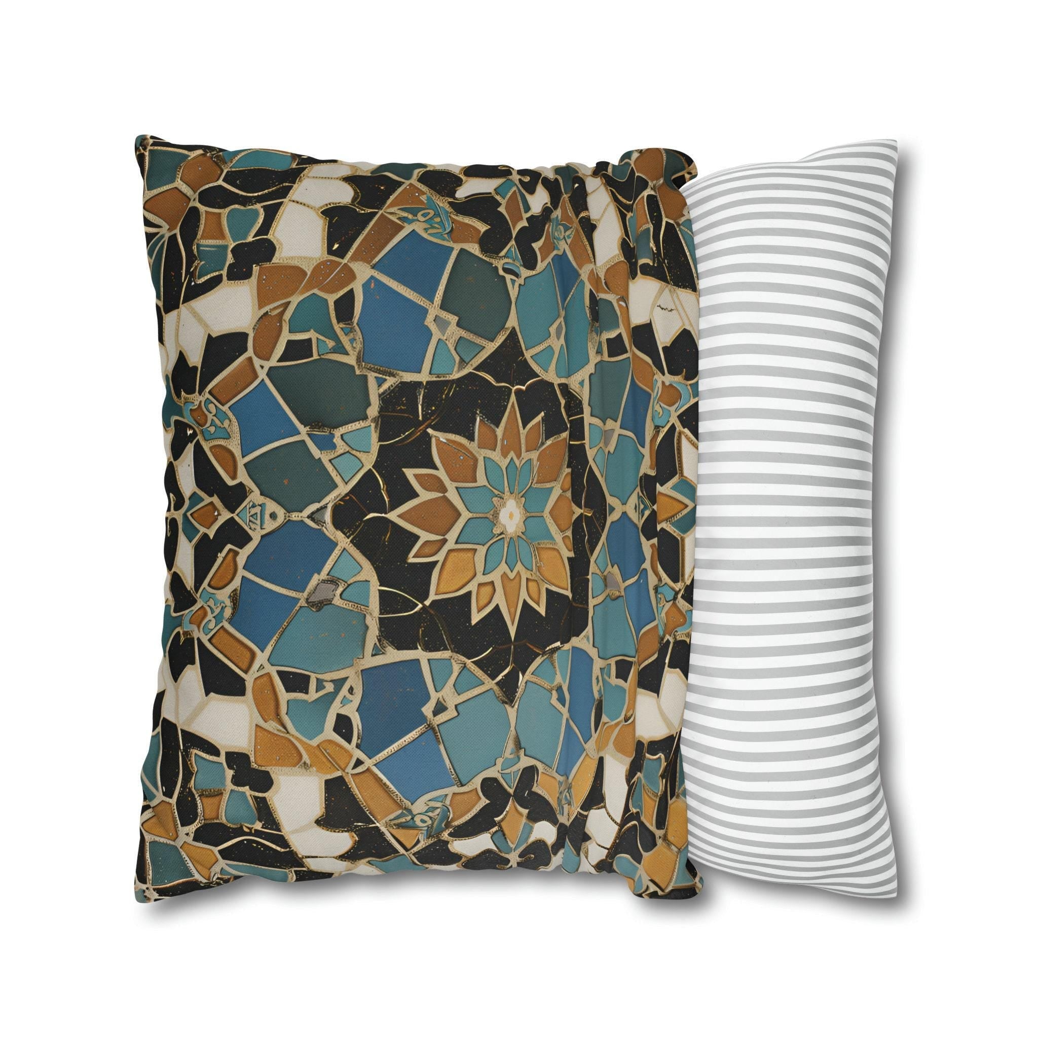 Luxurious Moroccan Tilework Inspired Pillow Cover: Teal, Beige, Brown Geometric Cushion Case