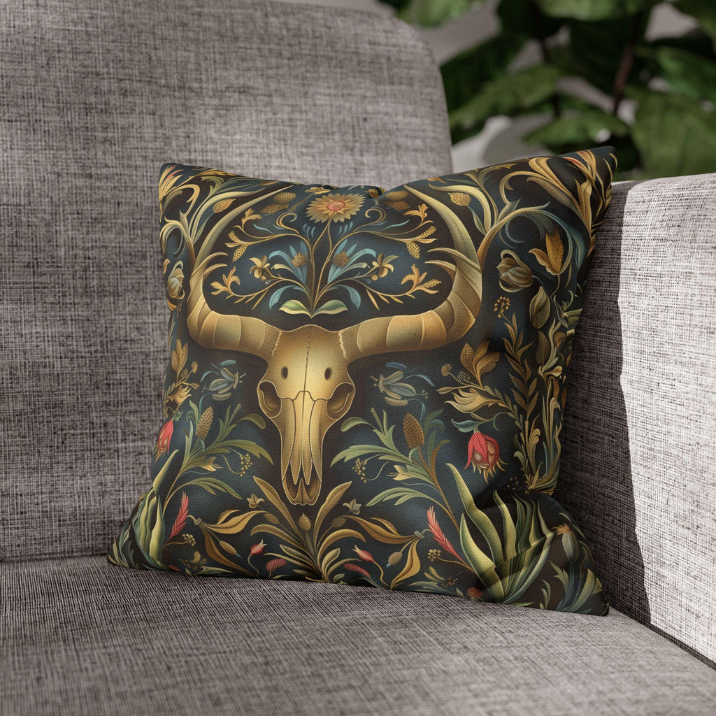 Southwest Floral Skull Pillow: William Morris Inspired Western Decor, Botanical Horned Cushion Cover
