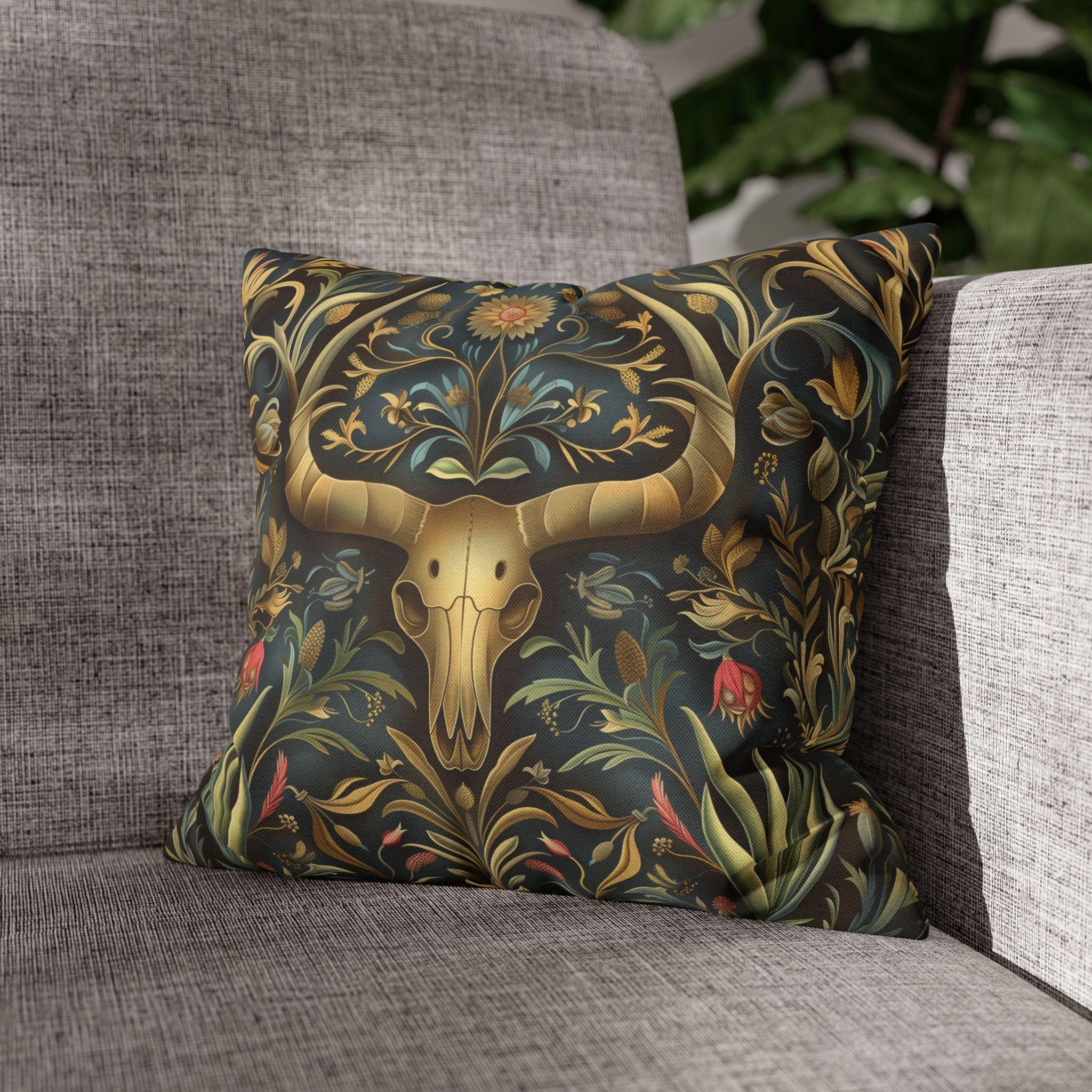 Southwest Floral Skull Pillow: William Morris Inspired Western Decor, Botanical Horned Cushion Cover