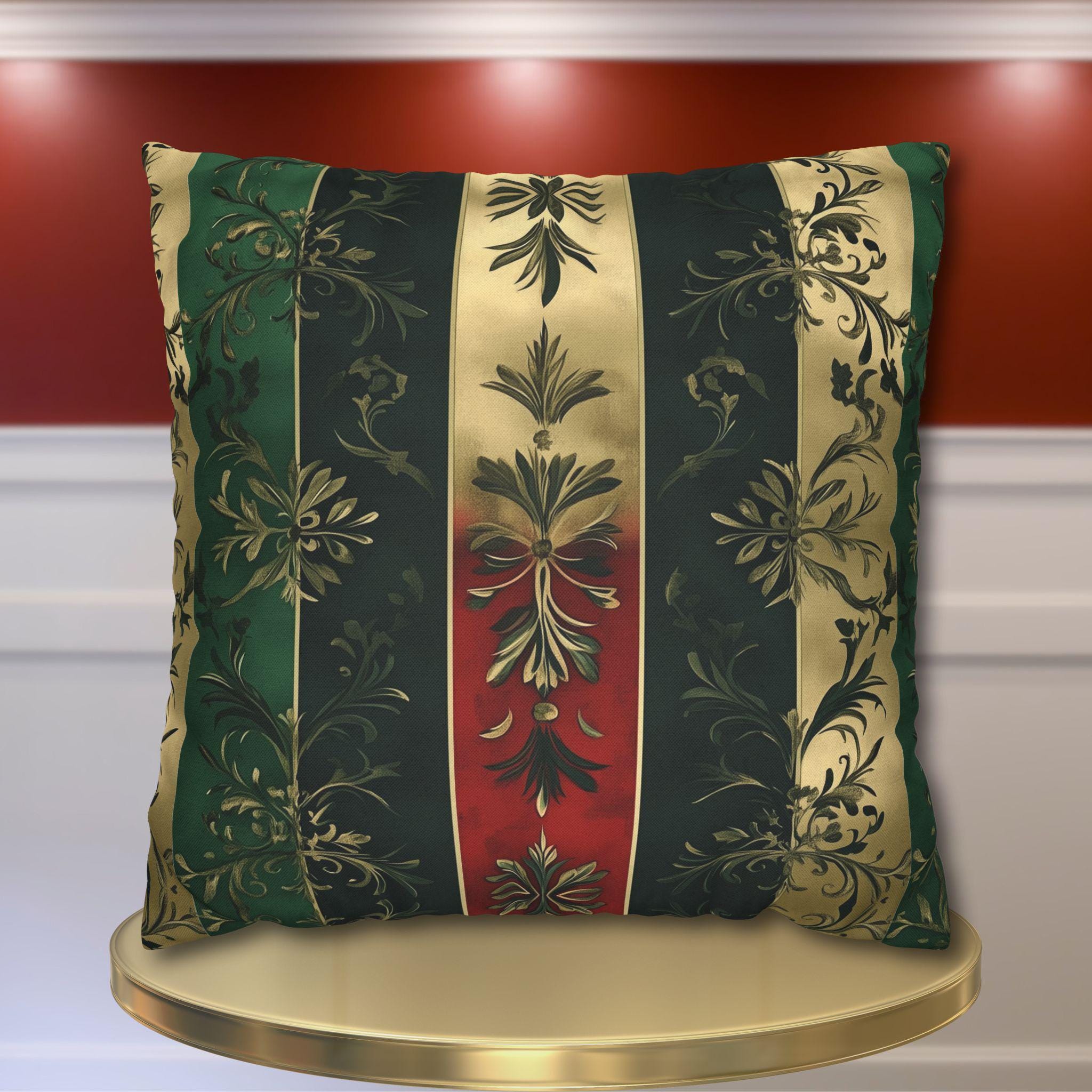 Elegant Holiday Striped Pillowcase: Floral Botanical Design, Gold Green Red Decorative Cover