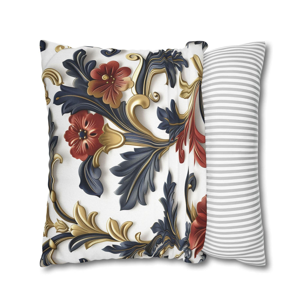 Luxurious Baroque-Inspired Floral Pillow Cover: Navy, Gold, Red on White Background