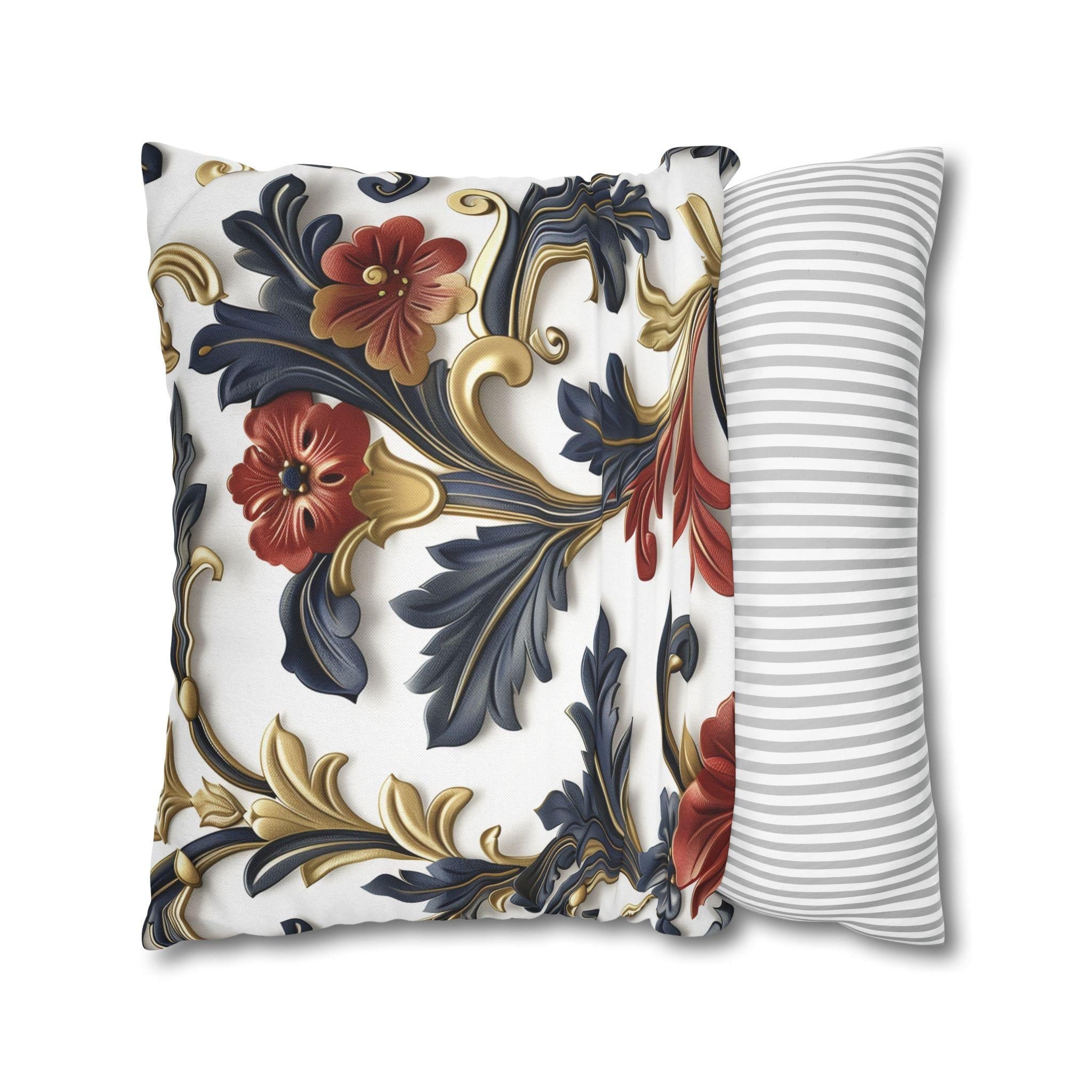 Luxurious Baroque-Inspired Floral Pillow Cover: Navy, Gold, Red on White Background