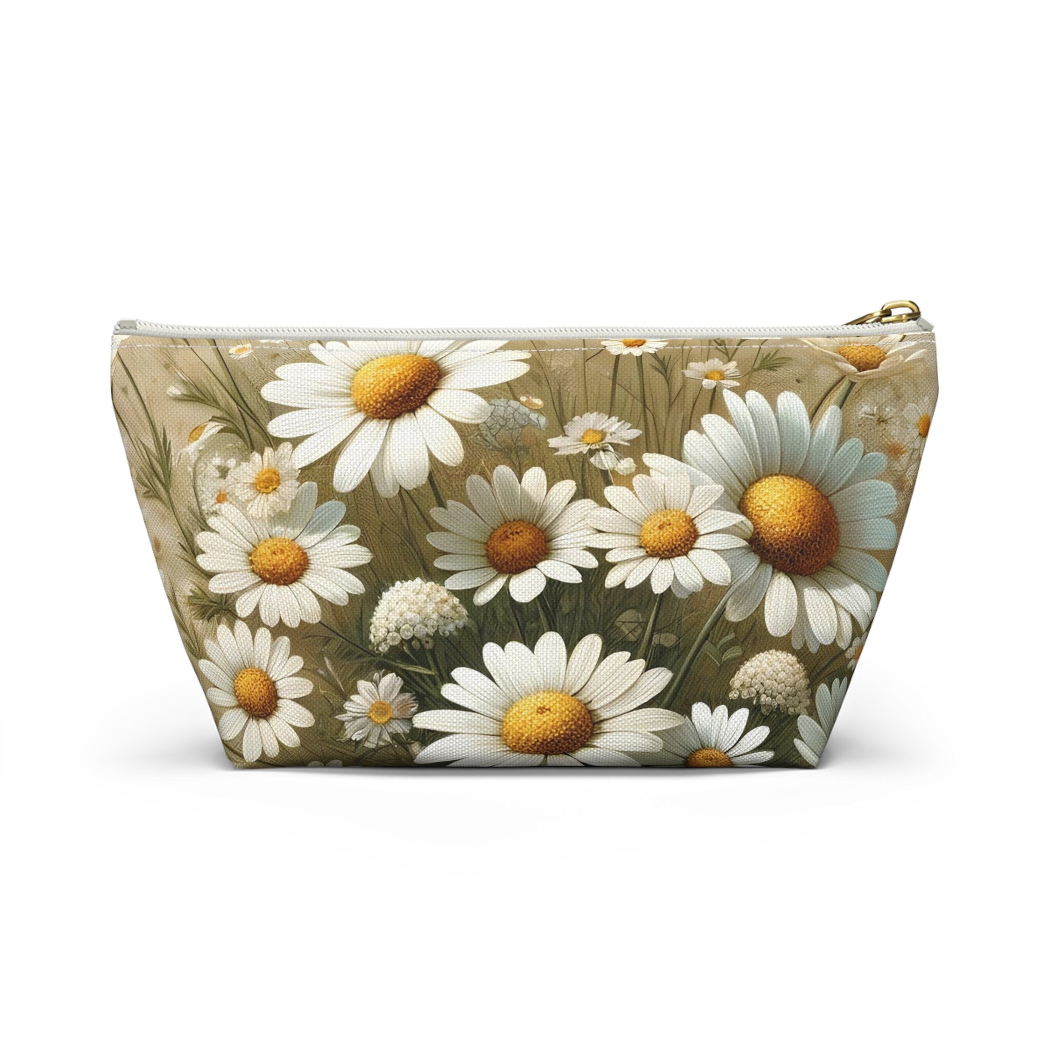 Wild Daisies Accessory Pouch with T-Bottom Floral Design in Large & Small Sizes, Gift for Mom, Gift for Her