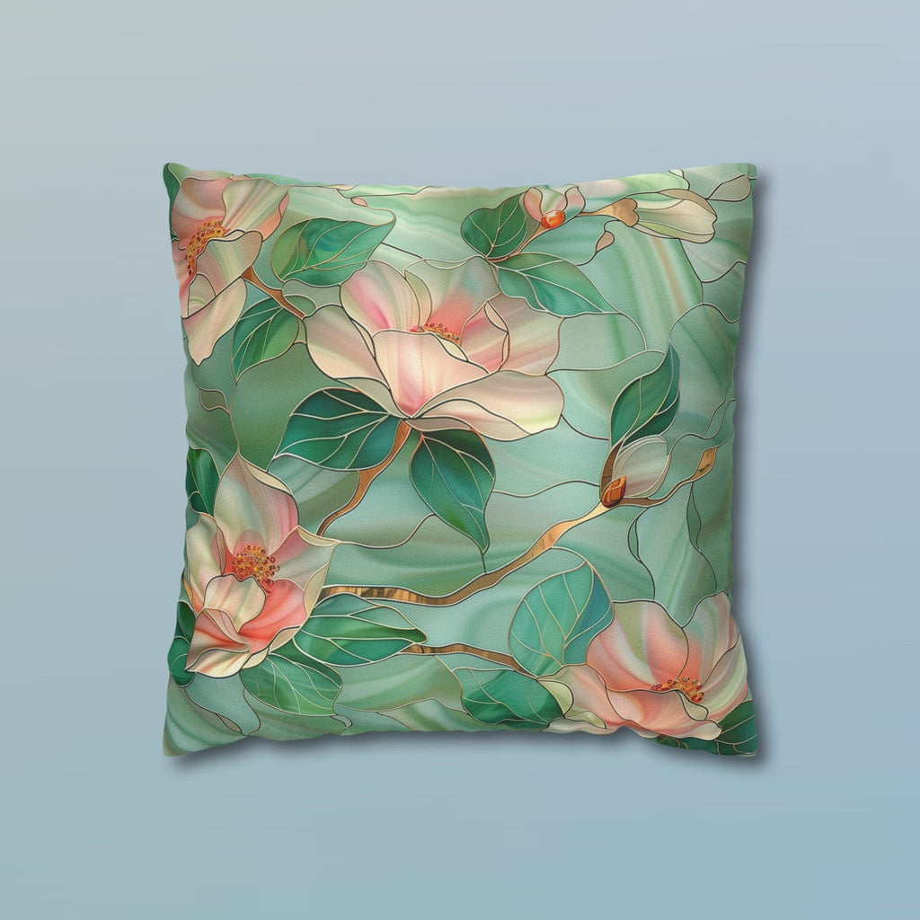 Luminous Green Chinoiserie Pillow Cover: Pink Magnolia Stained Glass Art for Home Decor