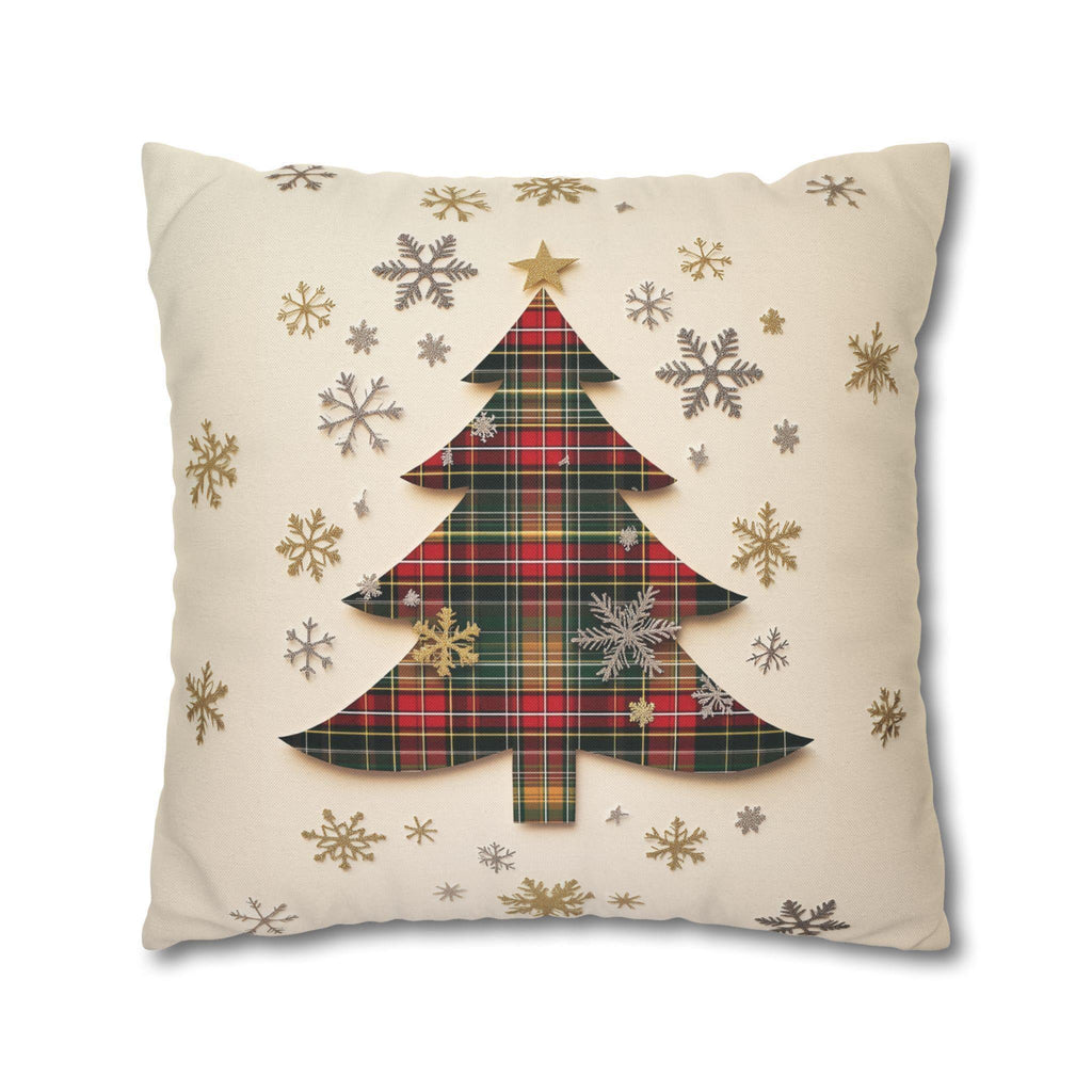 Tartan Christmas Tree Pillow Cover: Rustic Plaid Holiday Cushion Case