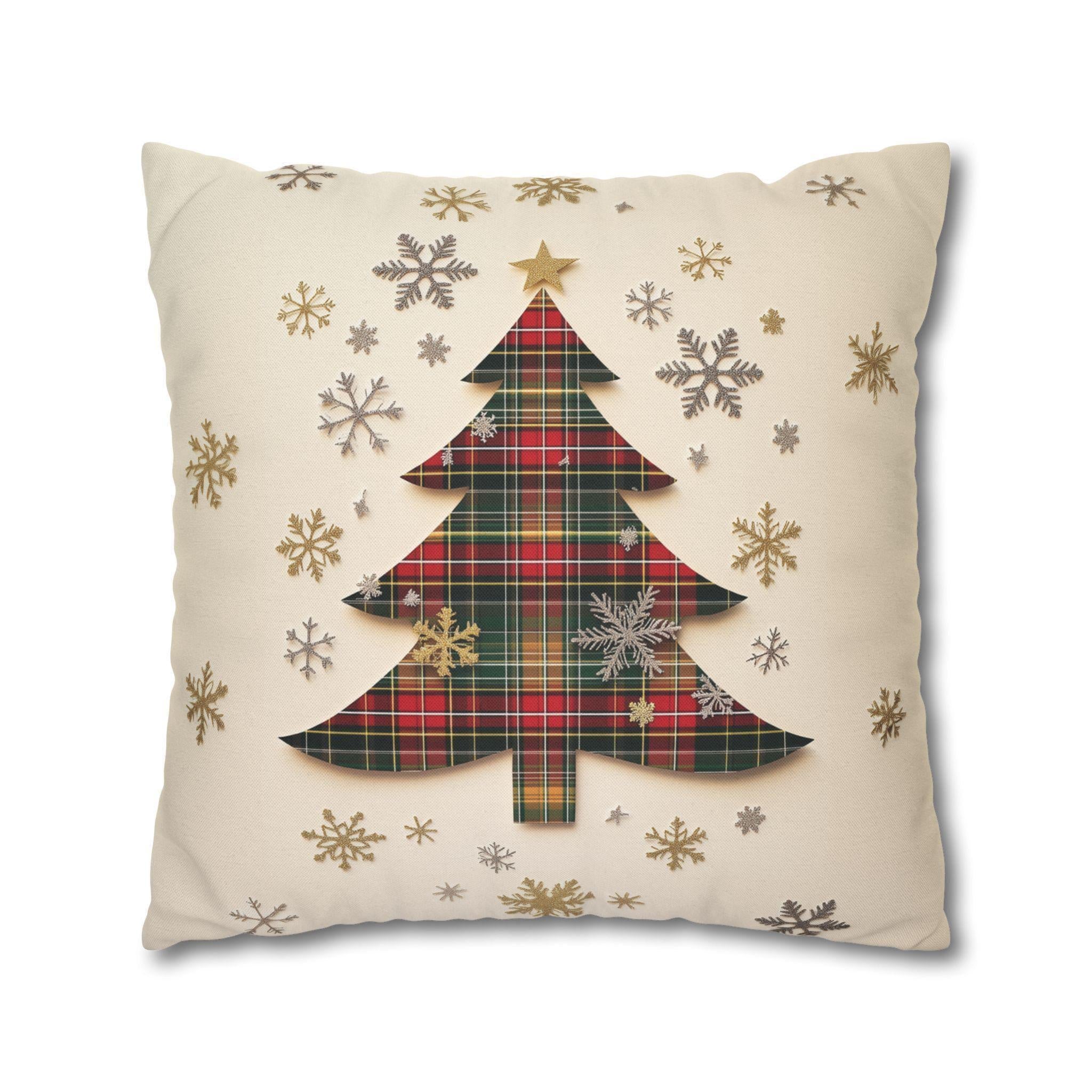 Tartan Christmas Tree Pillow Cover: Rustic Plaid Holiday Cushion Case