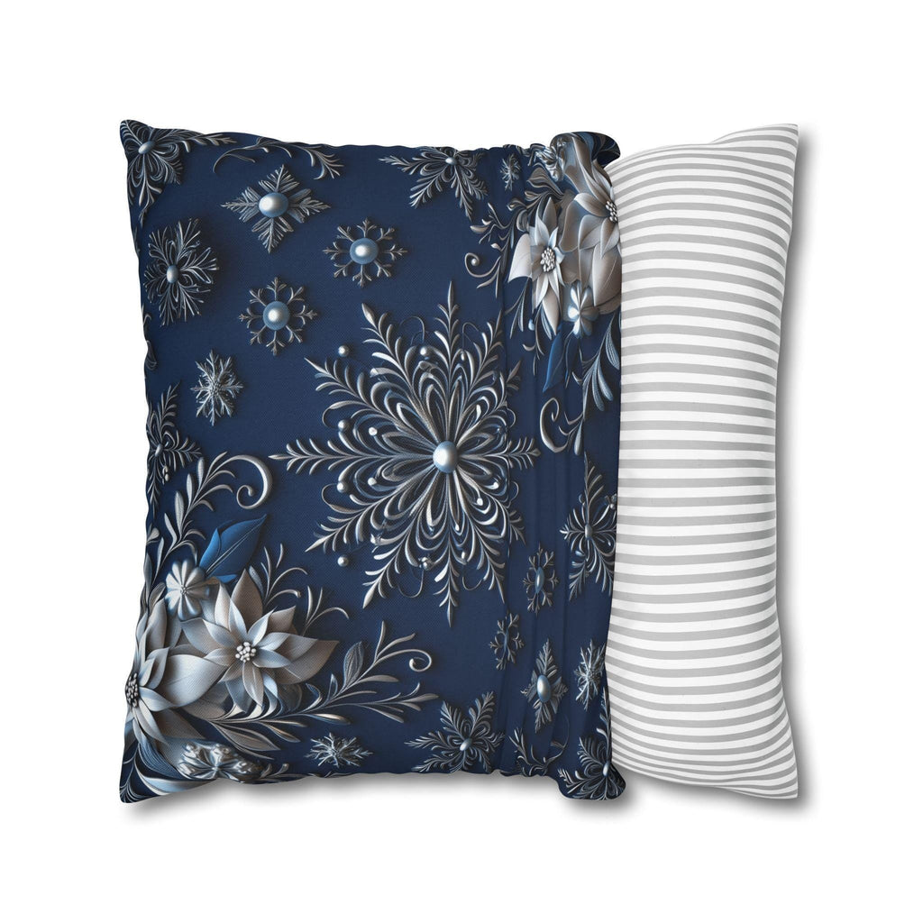 Winter Blue Silver Poinsettia Snowflake Pillowcase, Holiday Decor Square Throw Pillow Cover
