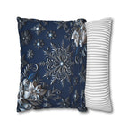 Winter Blue Silver Poinsettia Snowflake Pillowcase, Holiday Decor Square Throw Pillow Cover