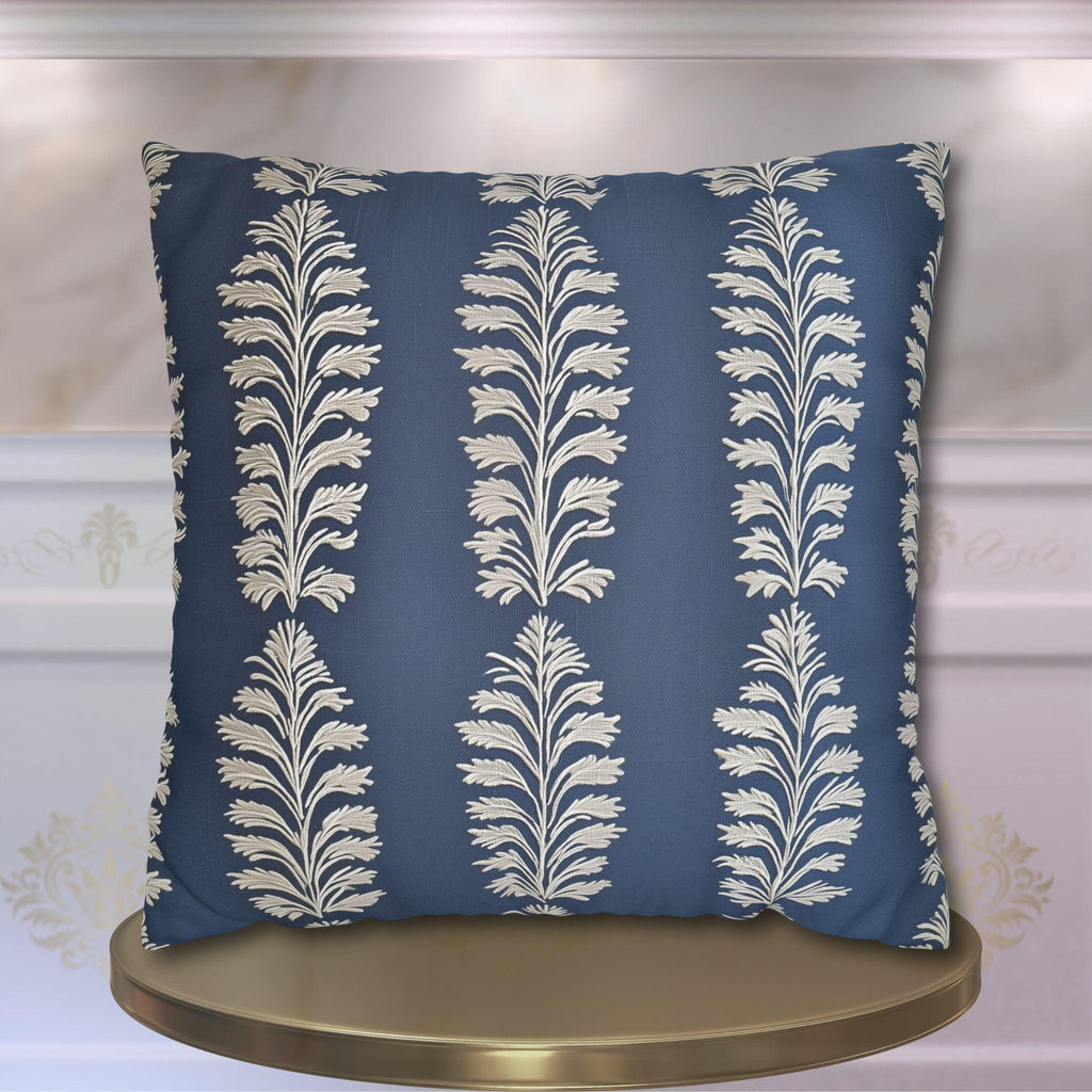 Slate Blue Botanical Pillow Cover: Ivory Leaf Stripe, Farmhouse Decor