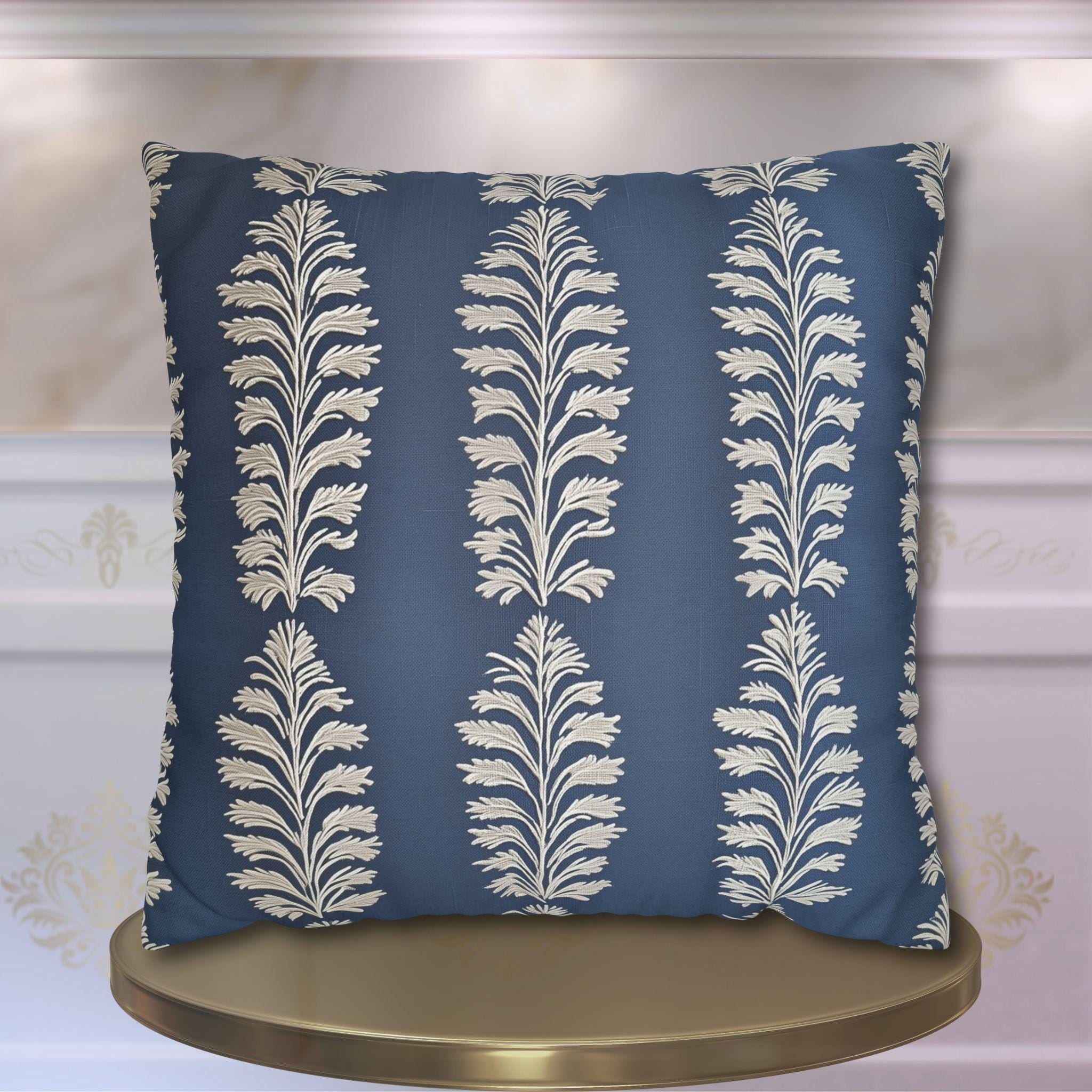 Slate Blue Botanical Pillow Cover: Ivory Leaf Stripe, Farmhouse Decor