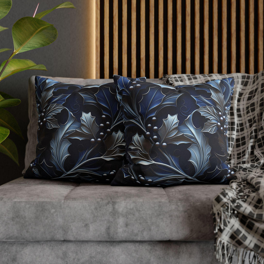 Elegant Silver & Blue Holly Leaf Christmas Pillow Cover - Moody Contemporary Holiday Decor