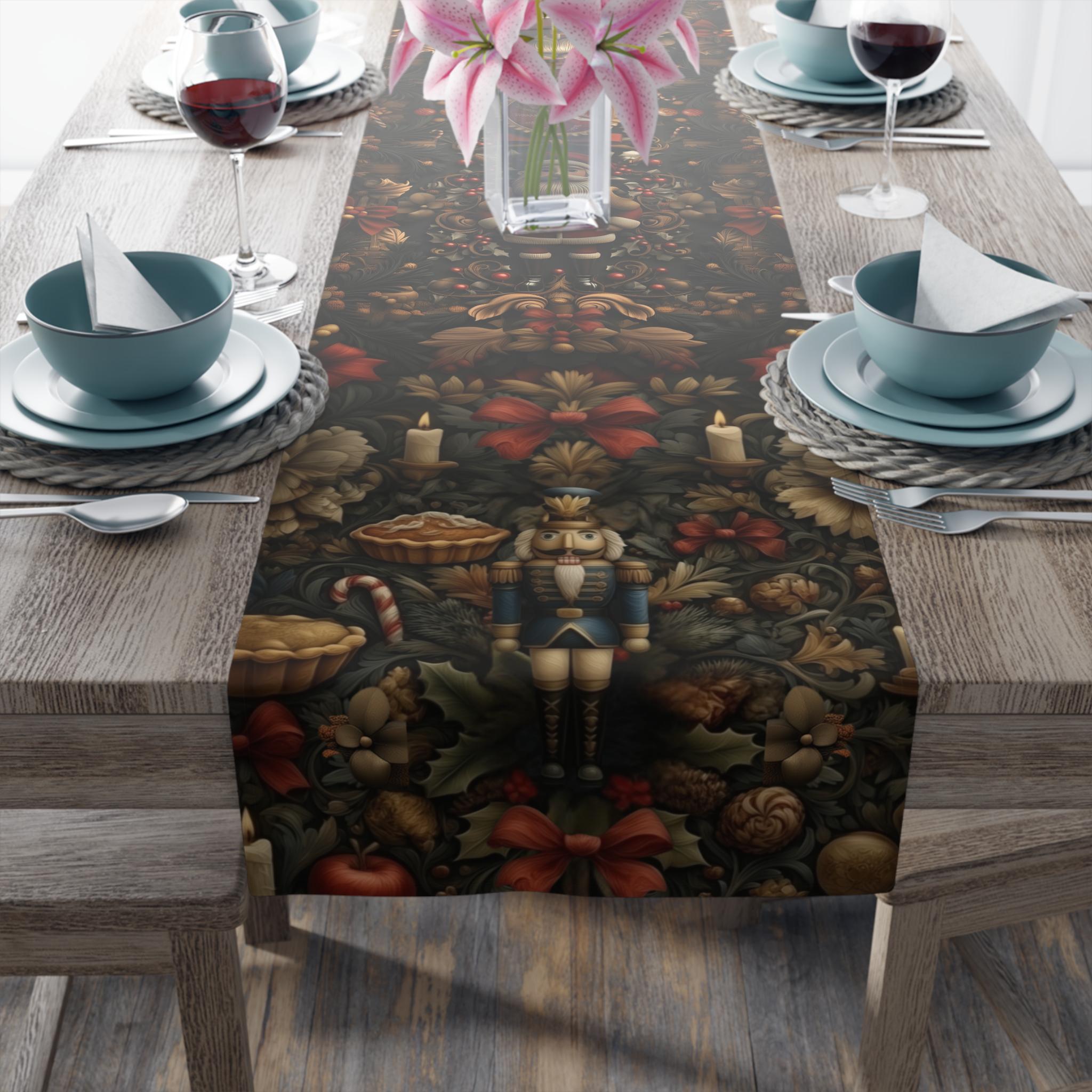 William Morris Inspired Christmas Table Runner: Nutcracker and Santa Holiday Table Decor