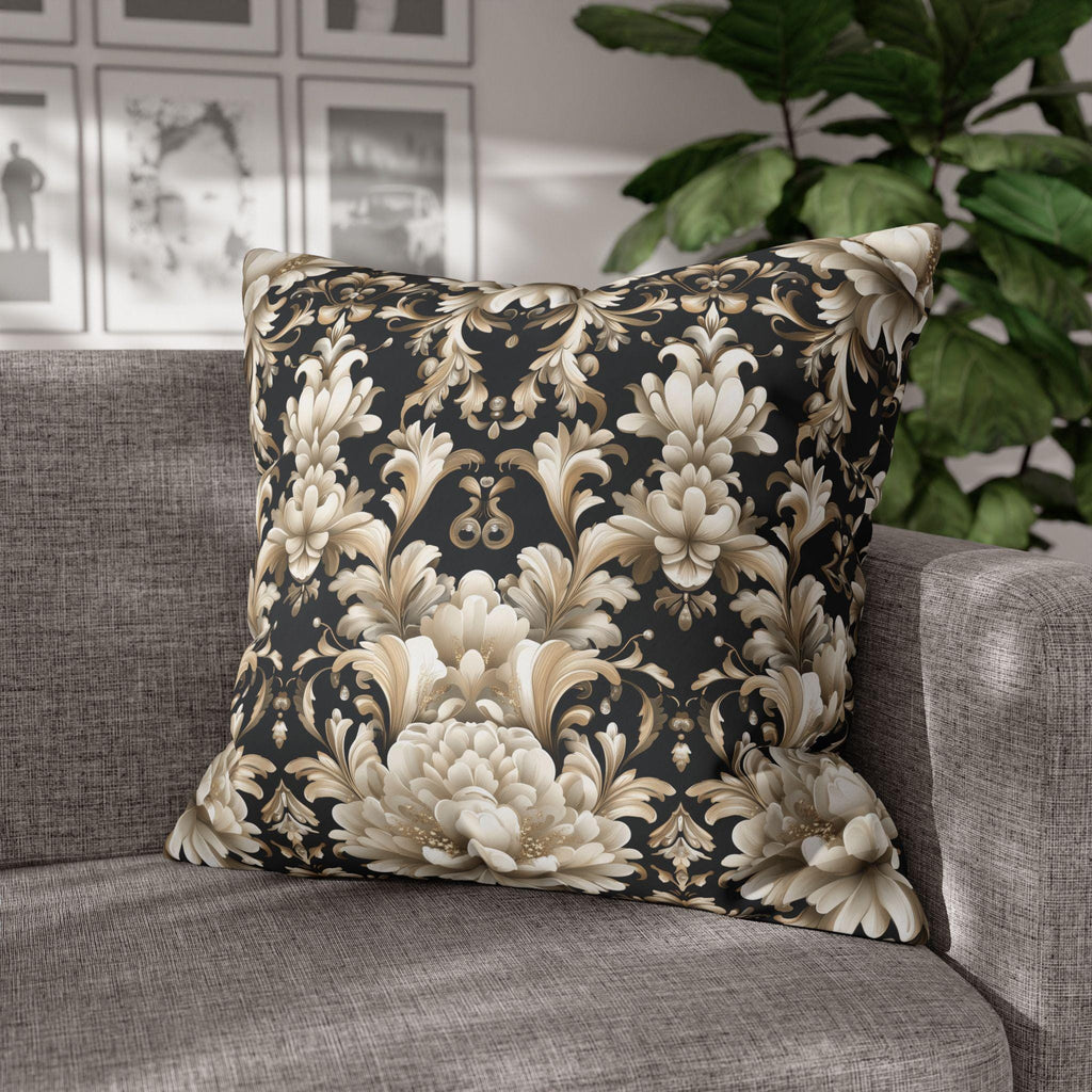 Floral Damask Pillow Cover, Ivory Champagne Gold on Black