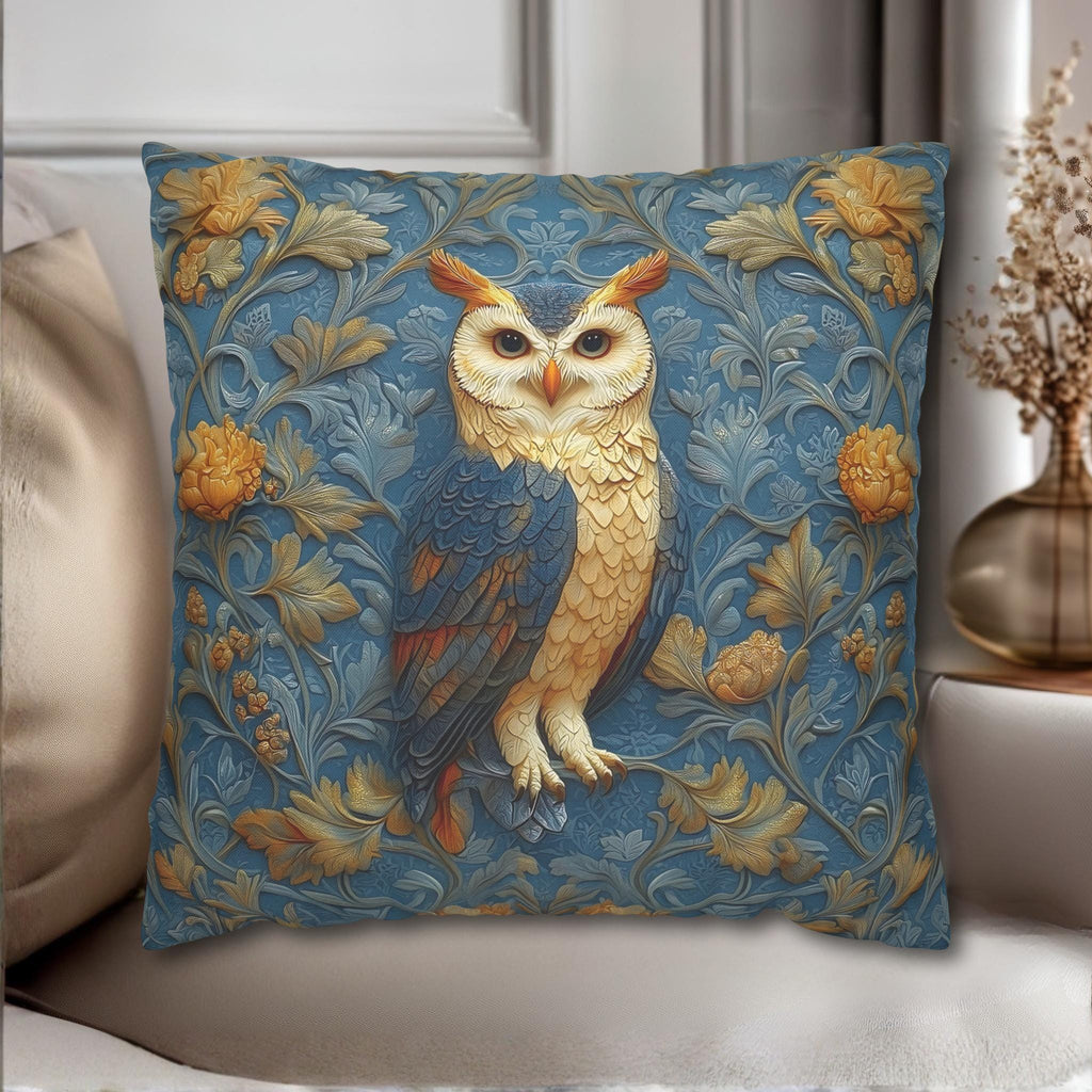 William Morris Style Throw Pillow Cover: Blue and Gold Owl Design