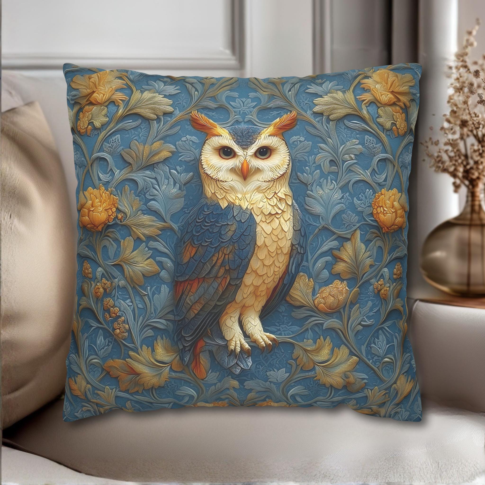William Morris Style Throw Pillow Cover: Blue and Gold Owl Design