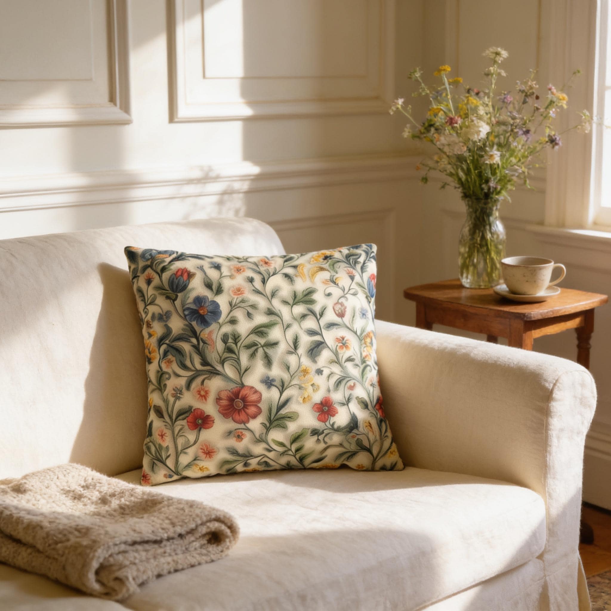 Vintage-Inspired William Morris Botanical Floral Cream Throw Pillow Cover - Soft Garden Cushion