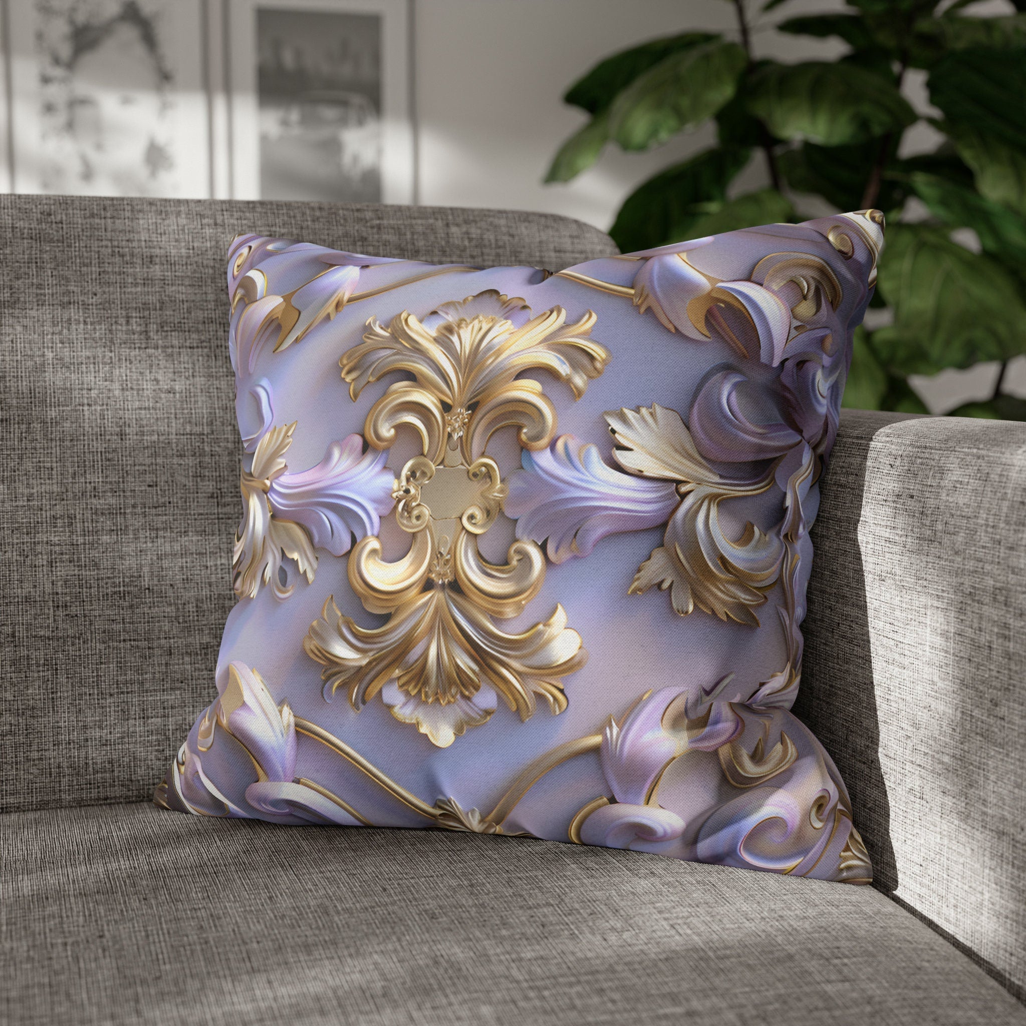 Lavender Rococo Pillow Cover: Gold & White Scrollwork French Elegance Accent Cushion Case