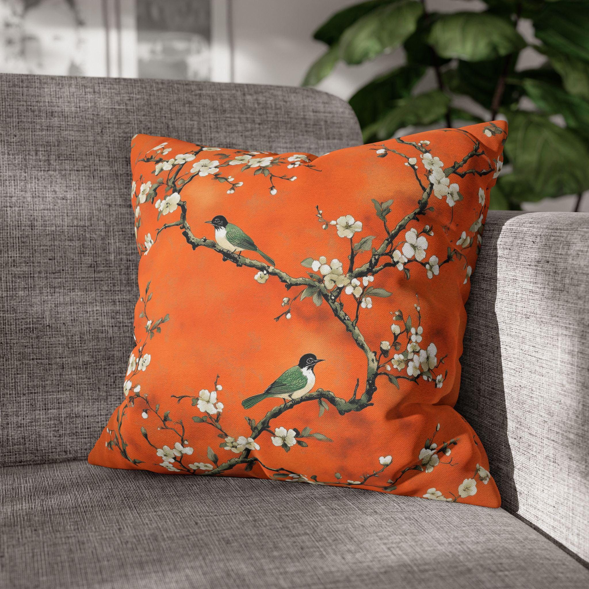 Elegant Chinoiserie Pillow Cover: Burnt Orange with White Blossoms and Birds for Asian-Inspired Decor