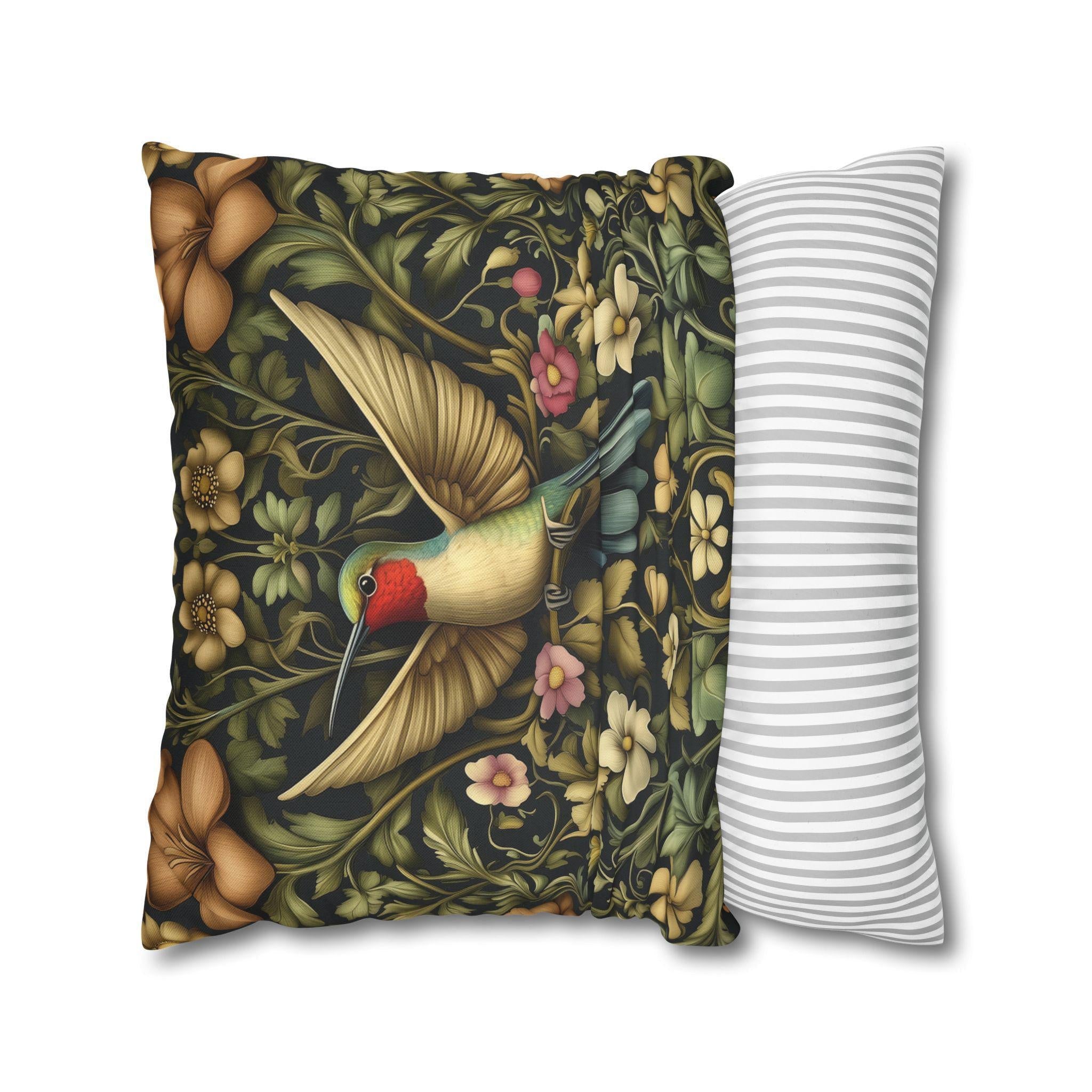 William Morris Inspired Hummingbird Floral Pillow Cover: Arts and Crafts Garden Accent