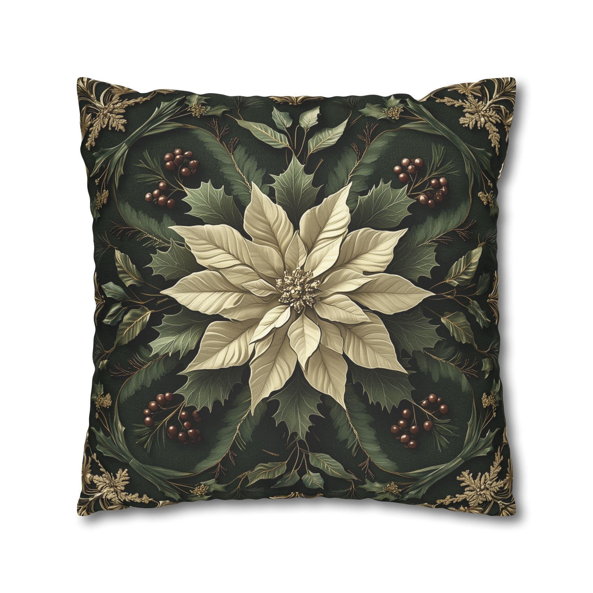 Festive Poinsettia Square Pillow Cover: Elegant Christmas Home Decor for Winter Comfort