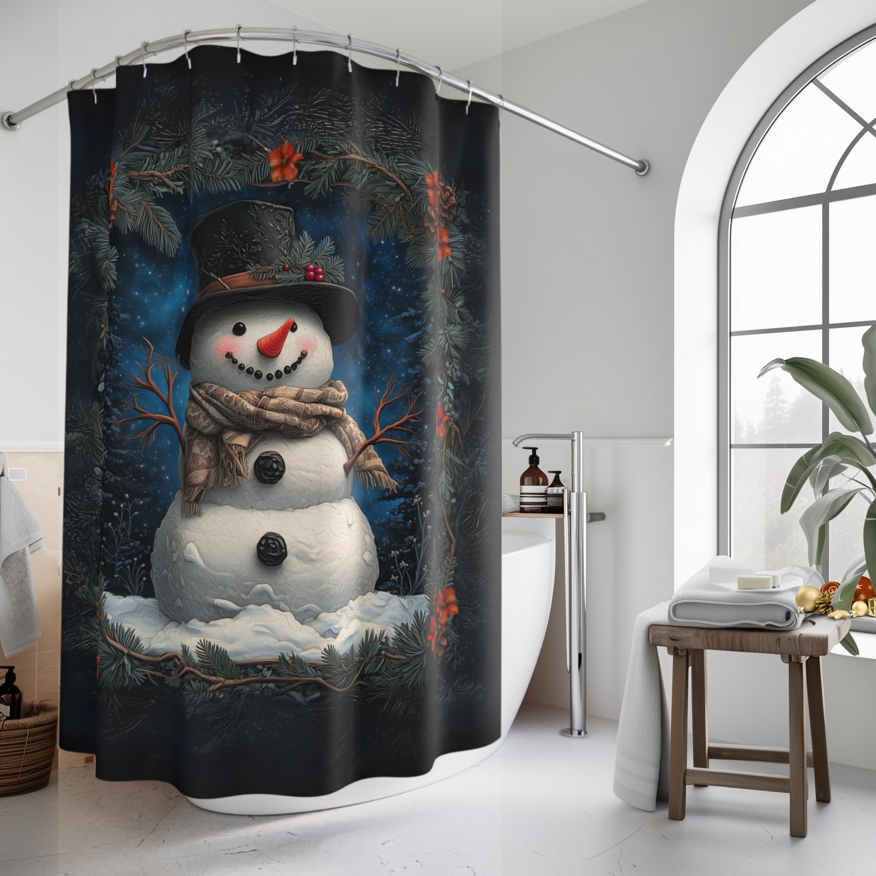 William Morris Inspired Snowman Shower Curtain: Christmas Winter Bath Decor