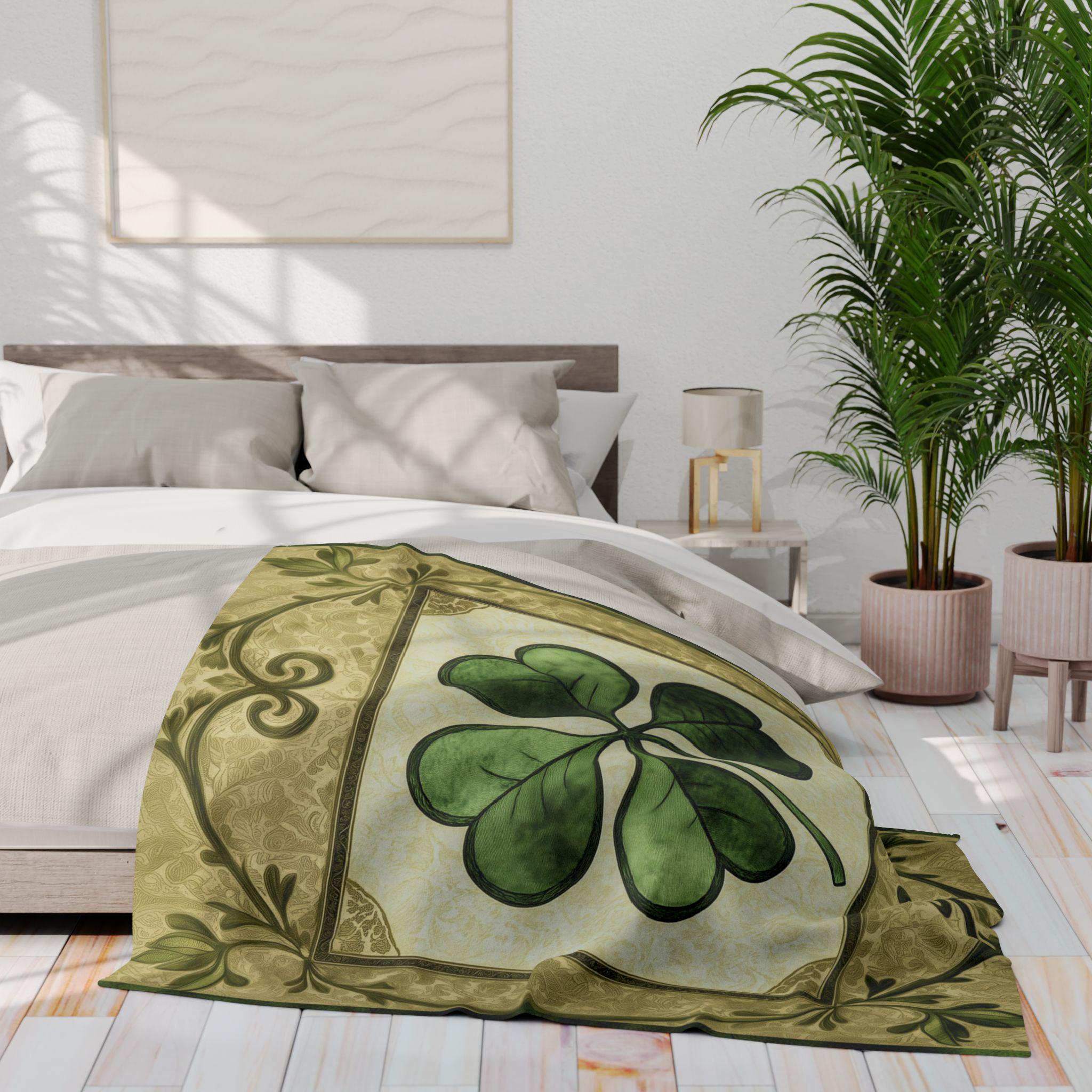 St Patrick's Day Celtic Fleece Blanket: Four Leaf Clover Paisley Throw for Cozy Home Decor