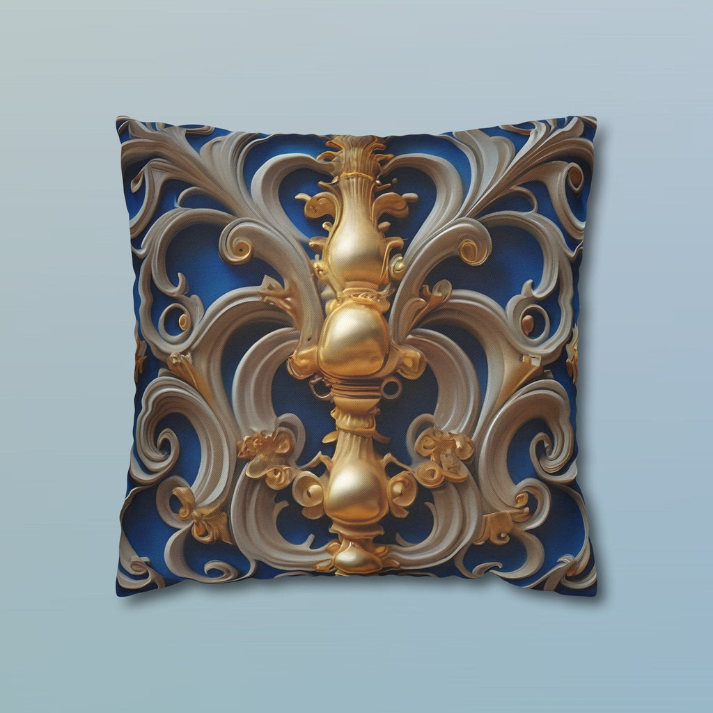 Opulent Baroque-Inspired Blue & Gold Throw Pillow Cover: Luxurious Ornate Symmetrical Design Cushion