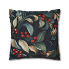 Christmas Botanical Square Pillowcase, Elegant Holly Leaves & Berries Design Cushion Cover